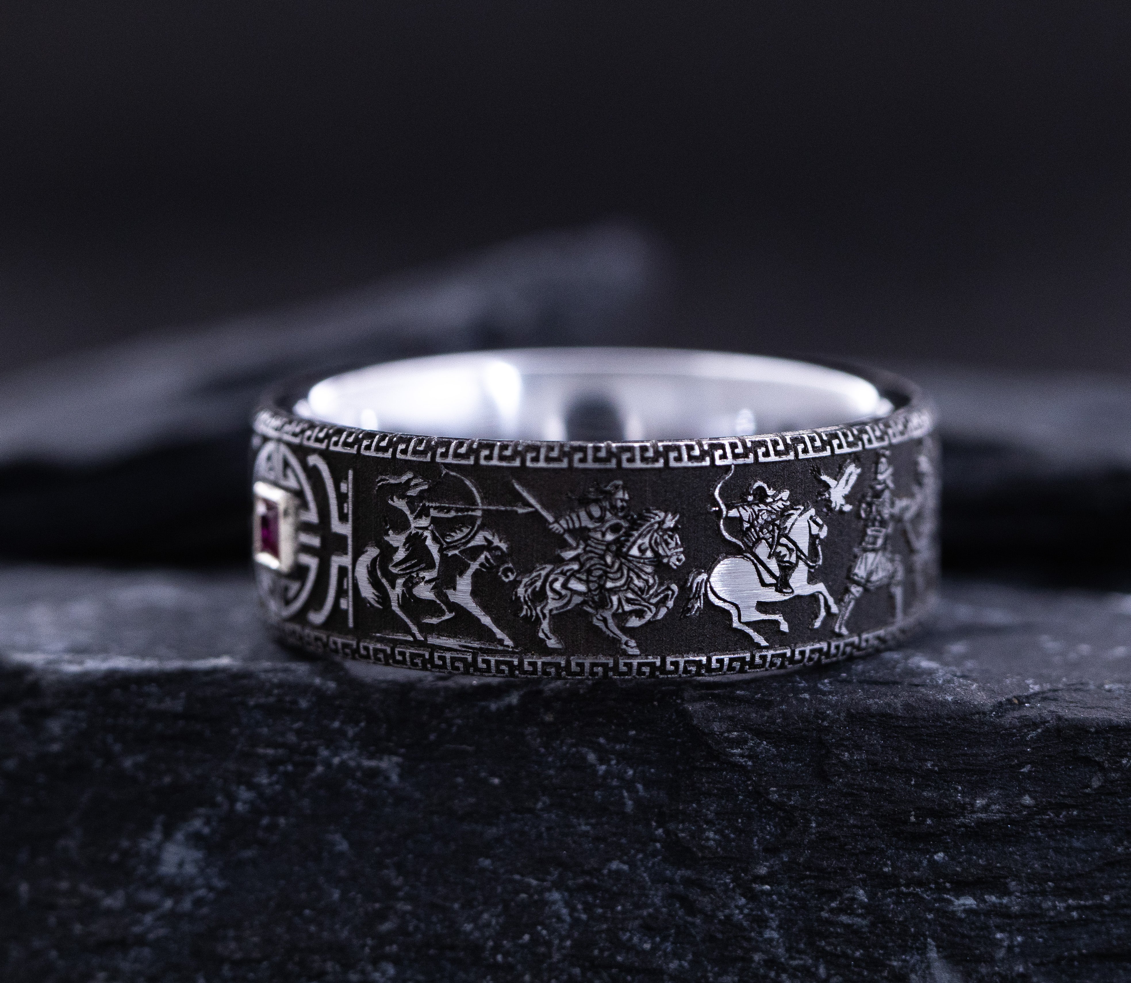 9mm Tungsten Carbide Ring with Princess Cut Gemstone and Mongol Steppe Nomad Warrior Engravings