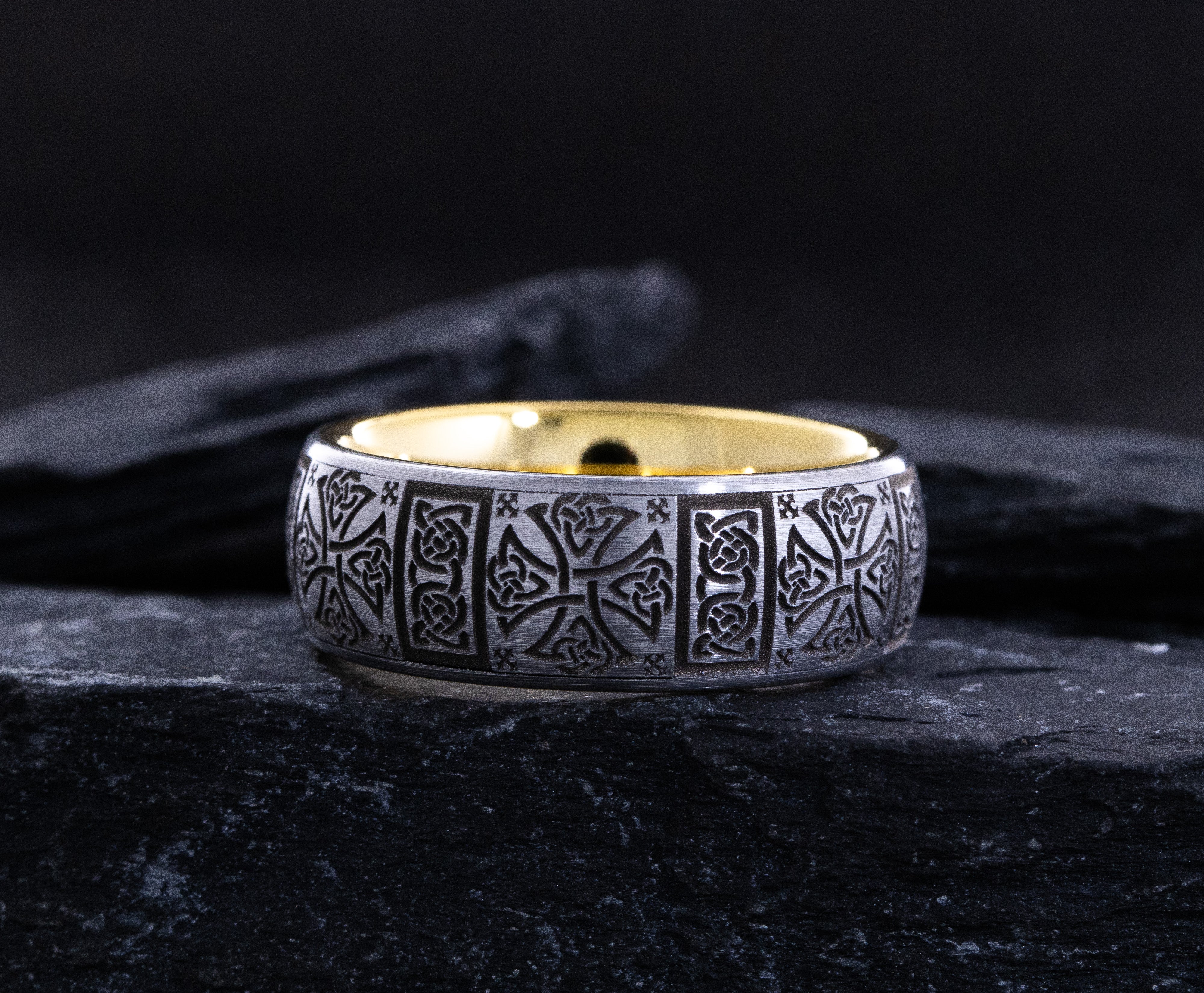 8mm Yellow Gold Plated and Silver Tungsten Carbide Band with Celtic Cross and Knot Engravings