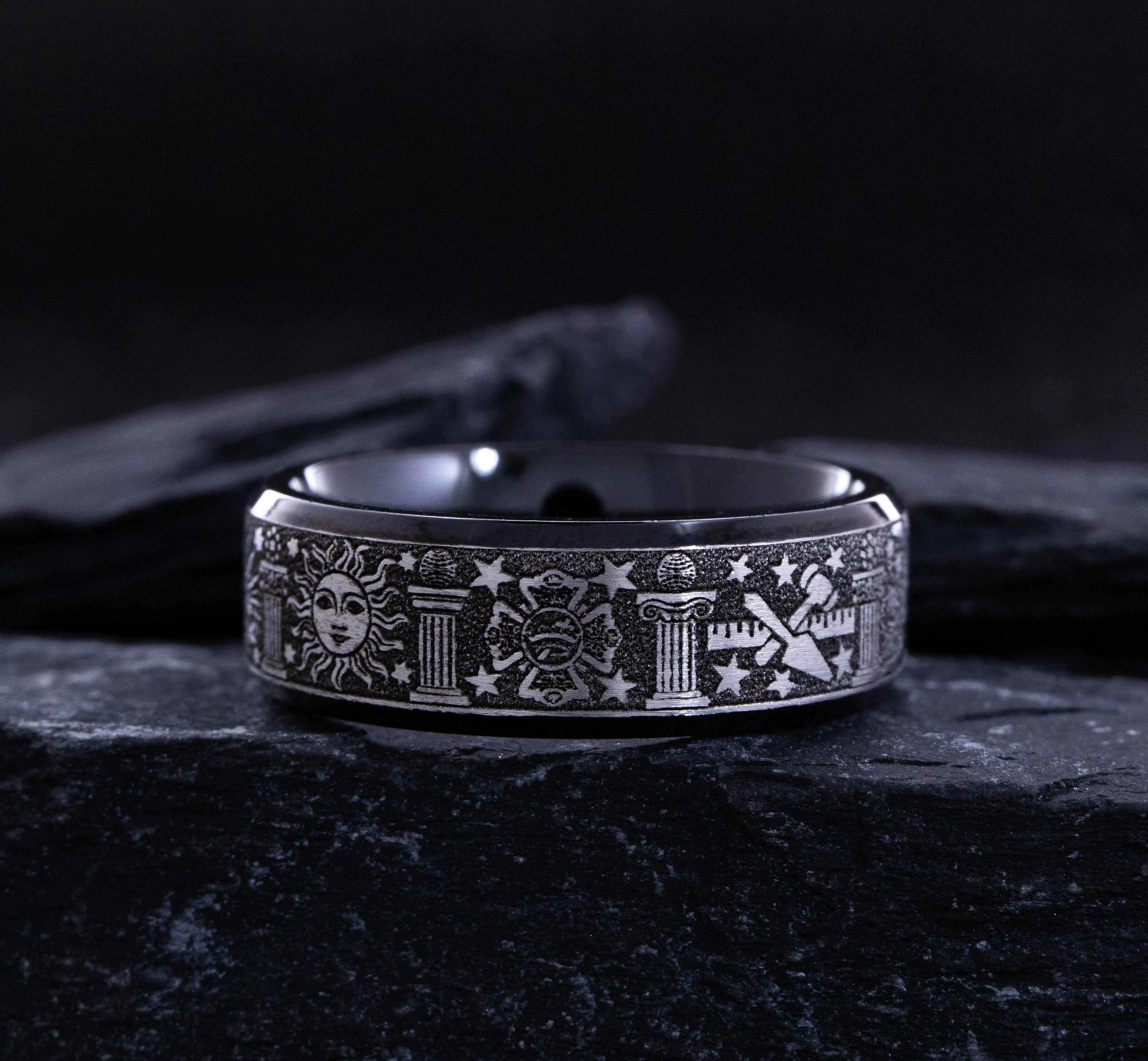 8mm Black Titanium Band with Deep Engraved Masonic Symbols