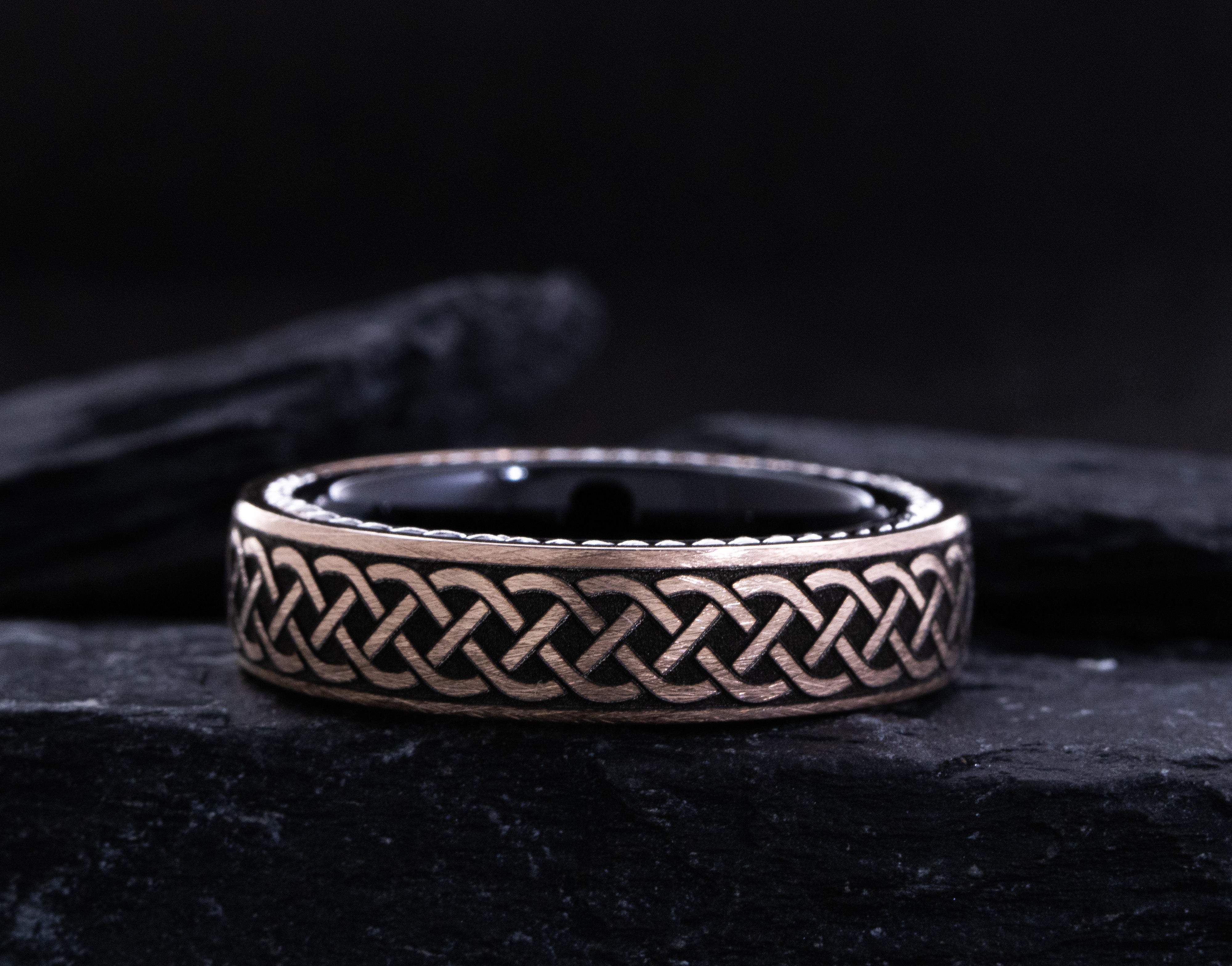 Rose Gold Plated 6mm Tungsten Carbide Ring with Engraved Celtic Pattern and Twisted Rope Edges