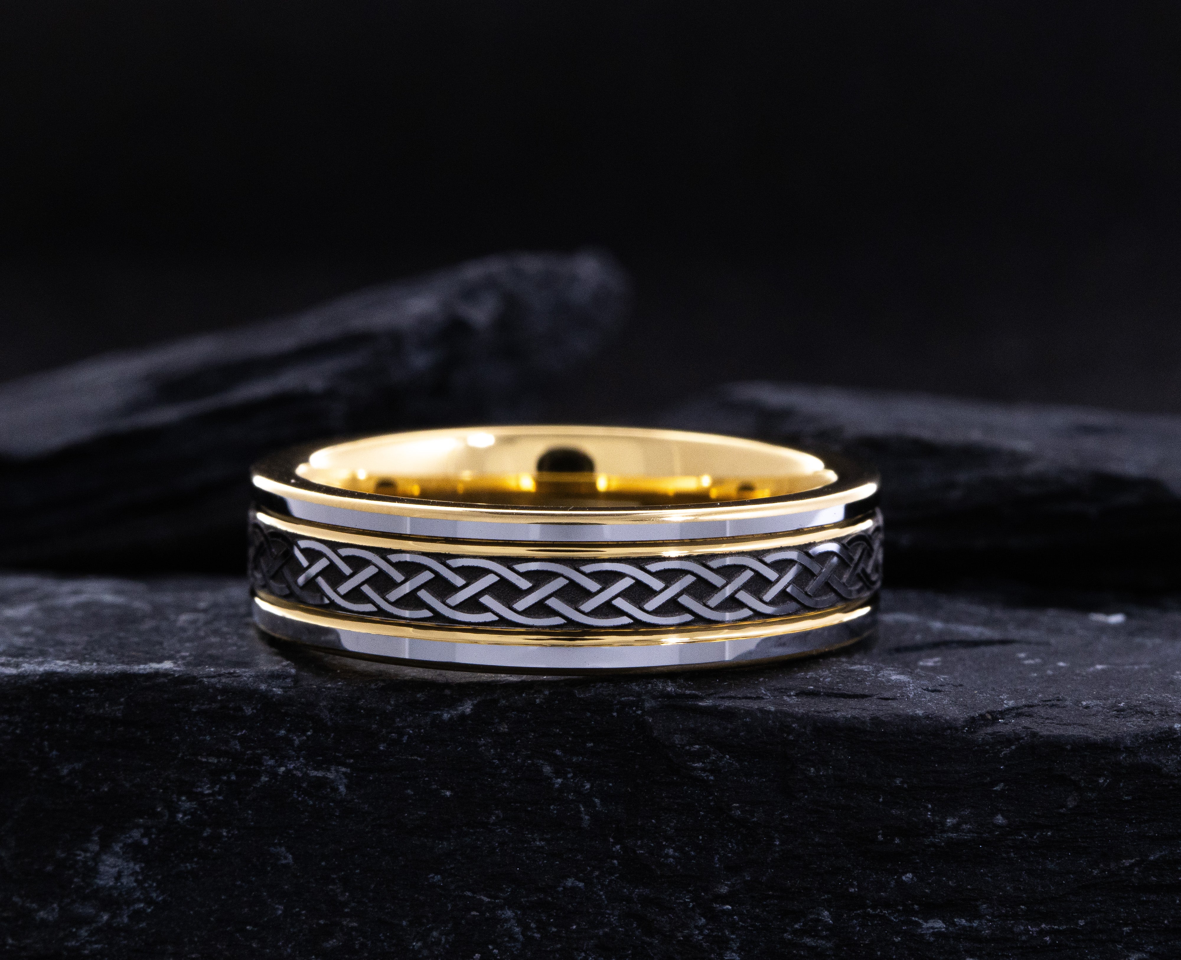 6mm Yellow Gold Plated Grooved Tungsten Carbide Band with Celtic Knot Pattern Engraving