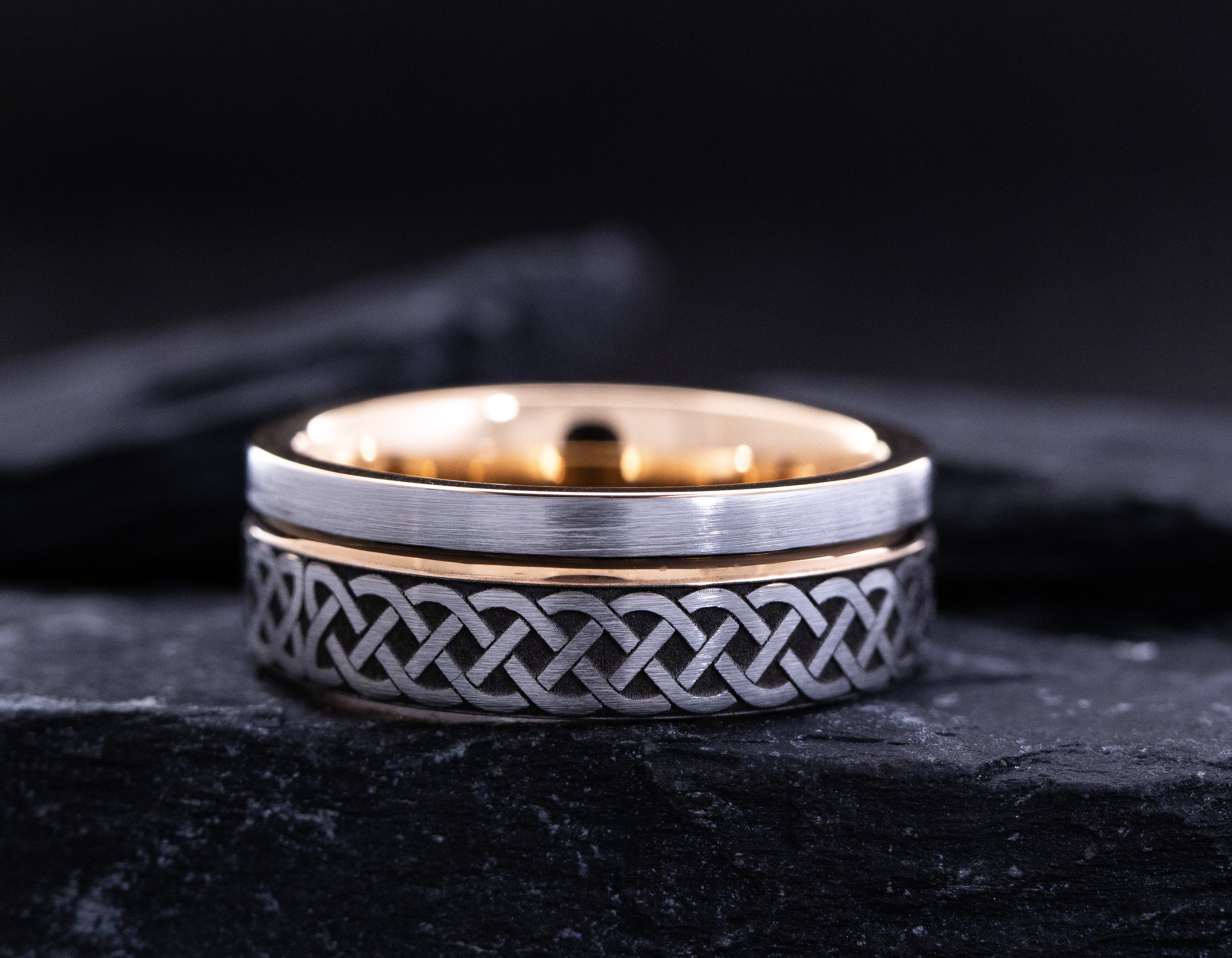 8mm Rose Gold Plated and Silver Tungsten Carbide Ring with Engraved Celtic Braid and Groove