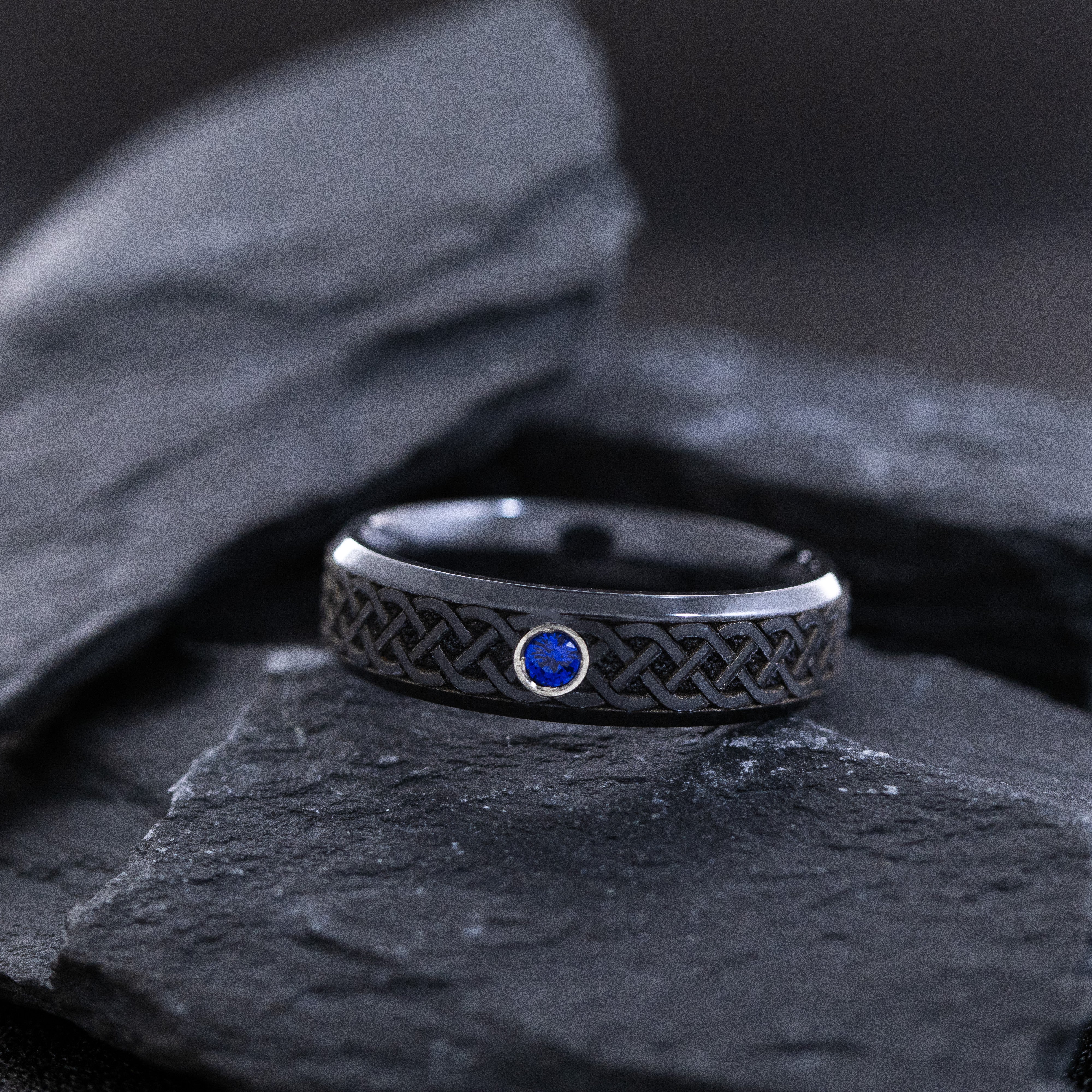 6mm Black Zirconium Band with Round Cut Birthstone and Deep Engraved Celtic Pattern