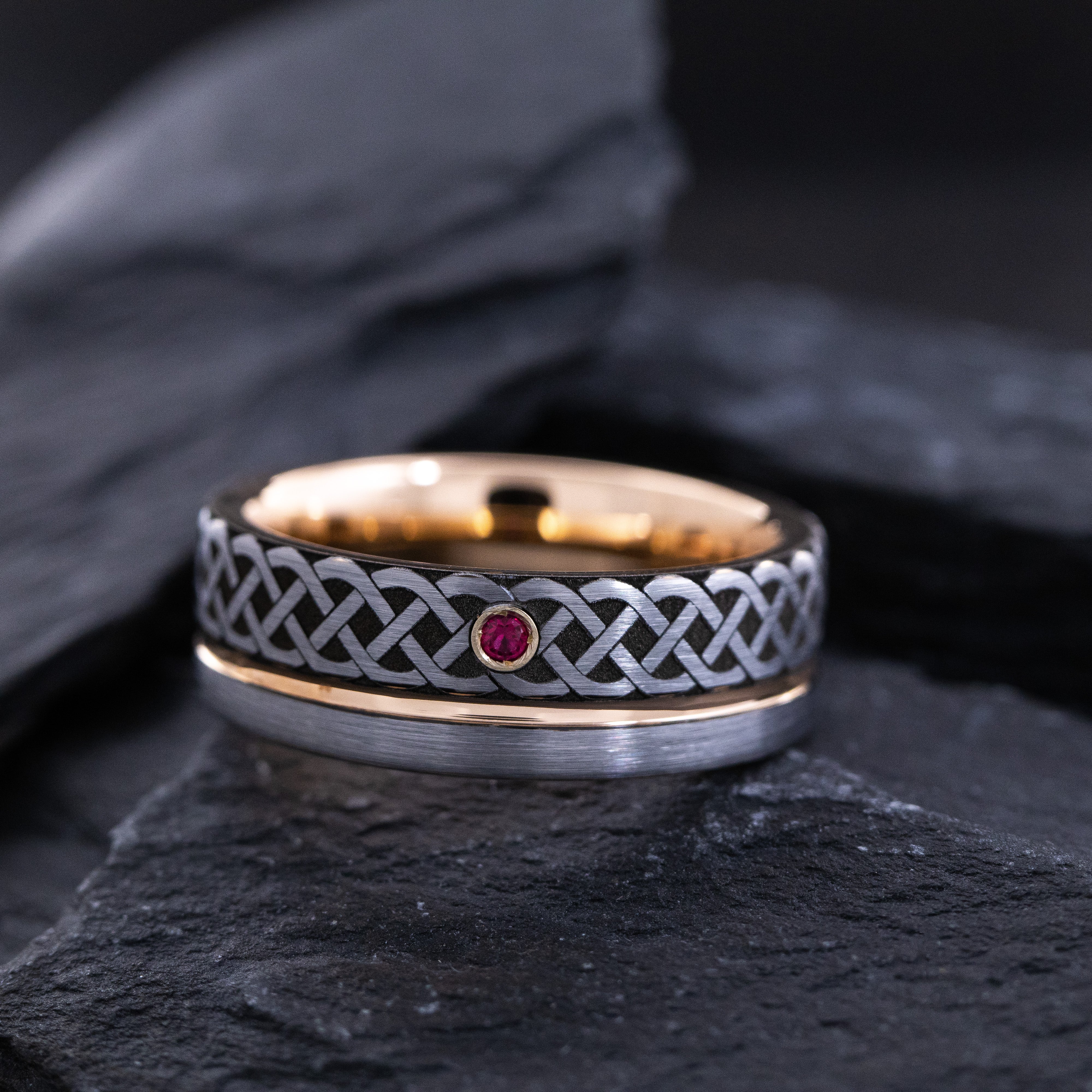 Rose Gold Plated 8mm Tungsten Carbide Ring With Round Cut Gemstone and Celtic Knot Engraving
