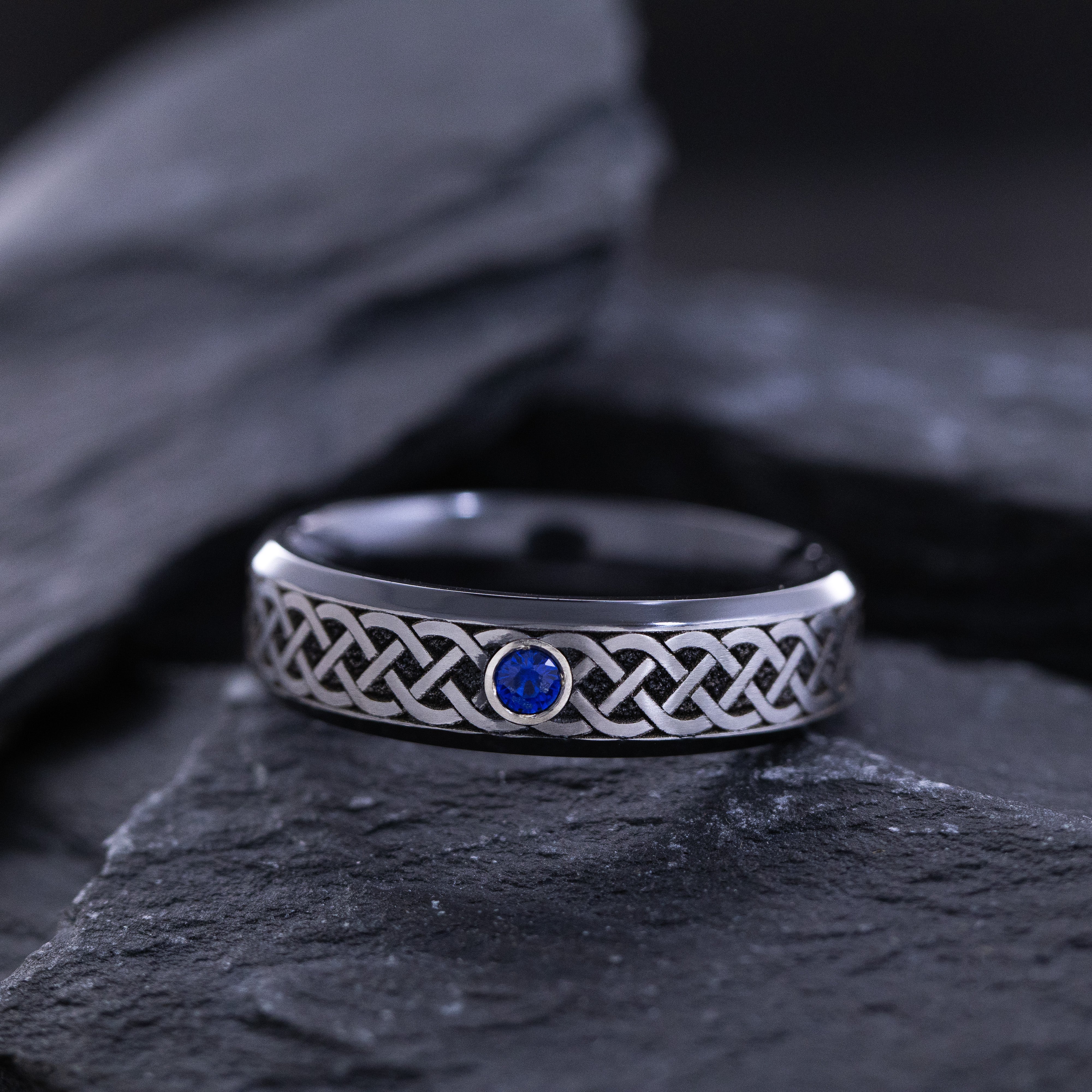 6mm Black Zirconium Ring with Round Cut Gemstone and Deep Engraved Silver Celtic Pattern