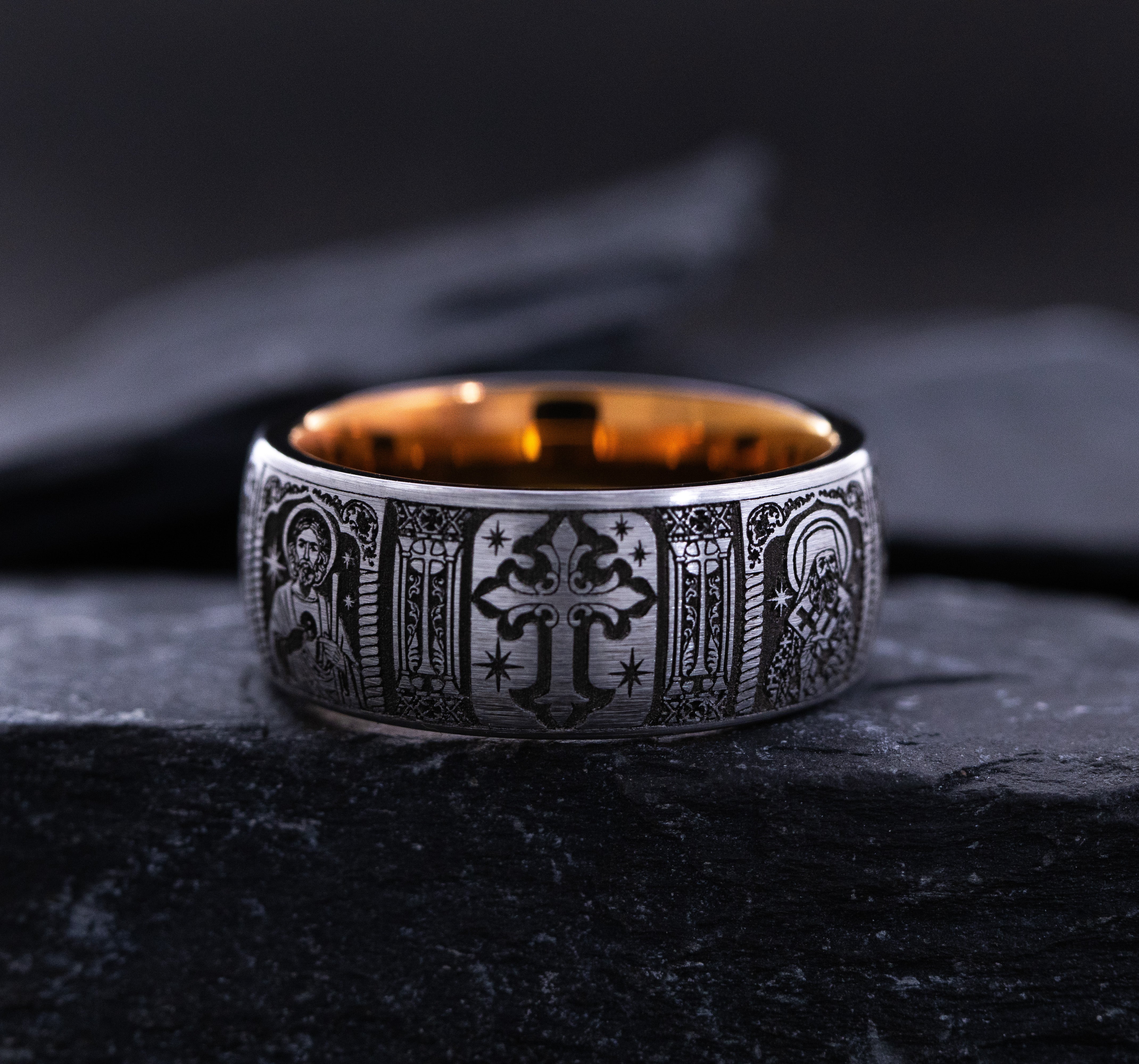 9mm Rose Gold and Black Tungsten Ring with Deep Engraved Christians Saints
