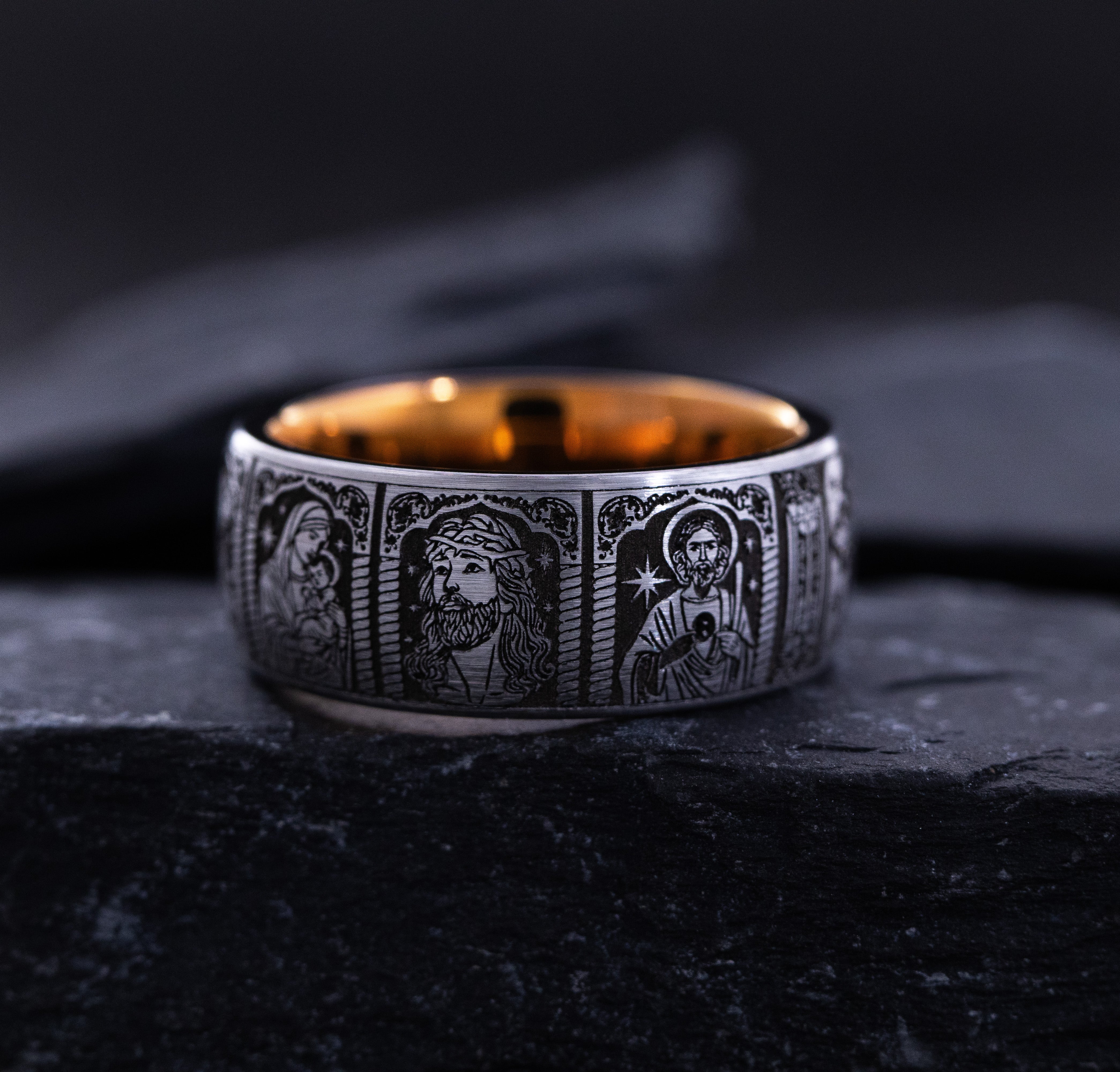 9mm Rose Gold and Black Tungsten Ring with Deep Engraved Christians Saints