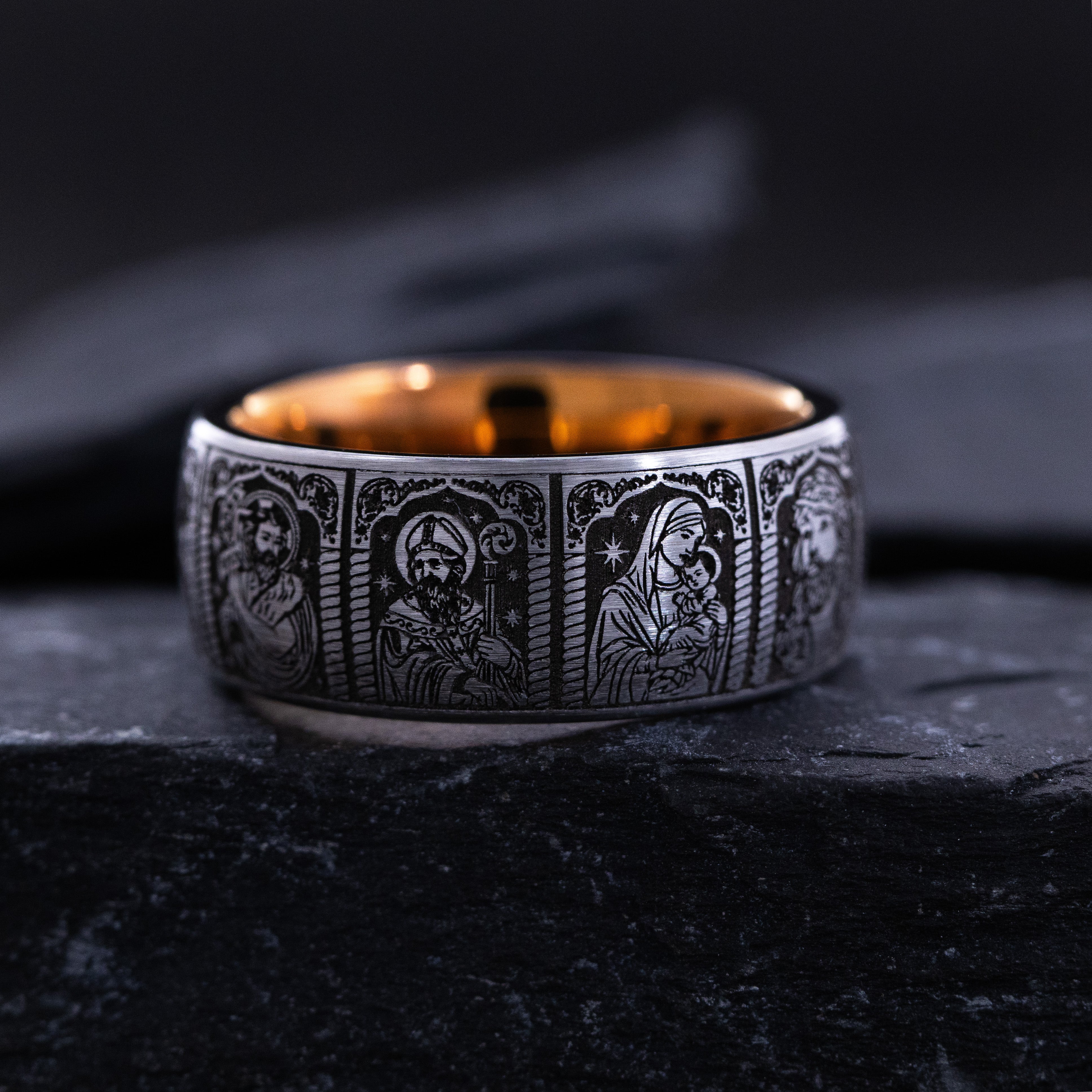 9mm Rose Gold and Black Tungsten Ring with Deep Engraved Christians Saints