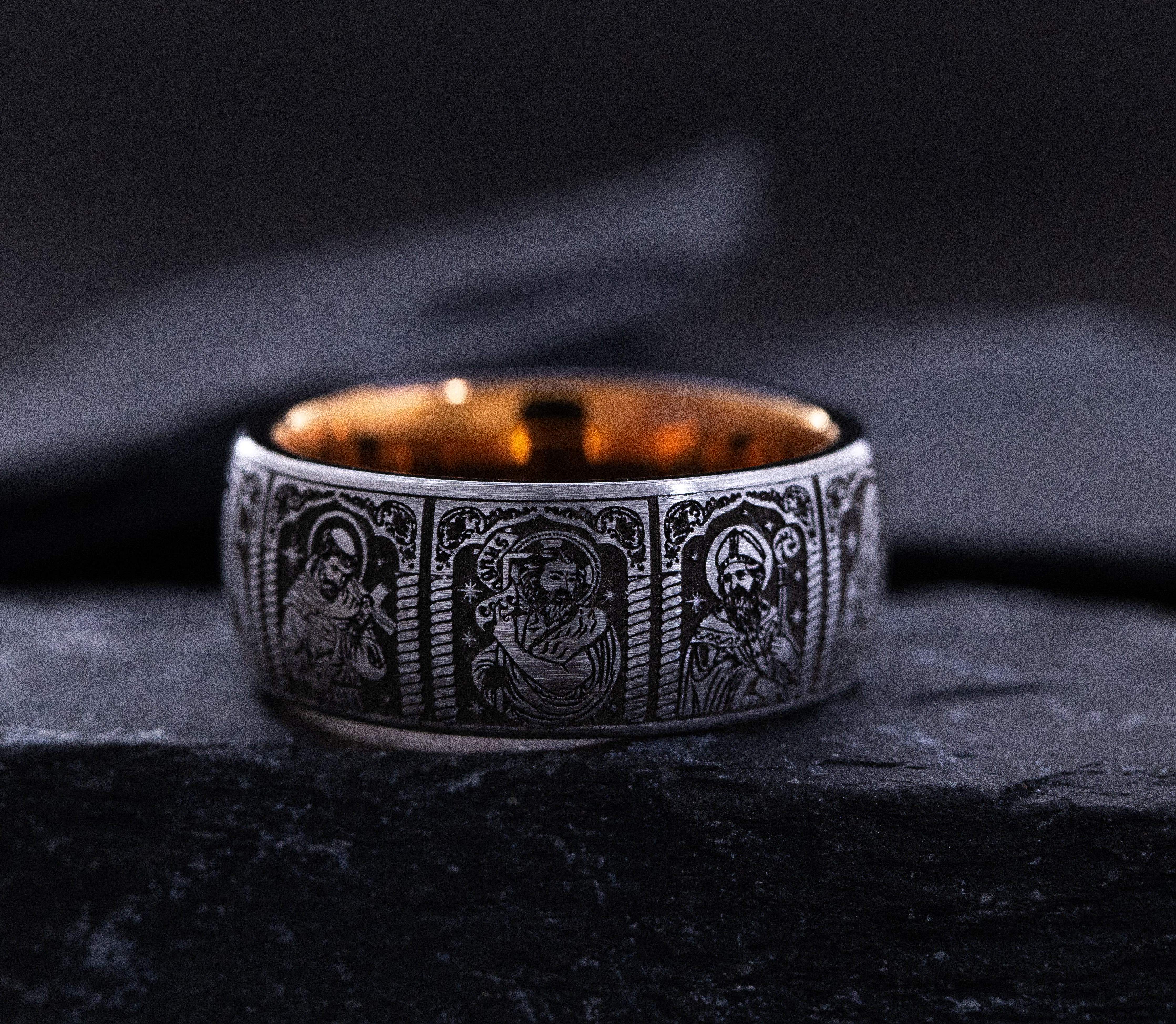 9mm Rose Gold and Black Tungsten Ring with Deep Engraved Christians Saints