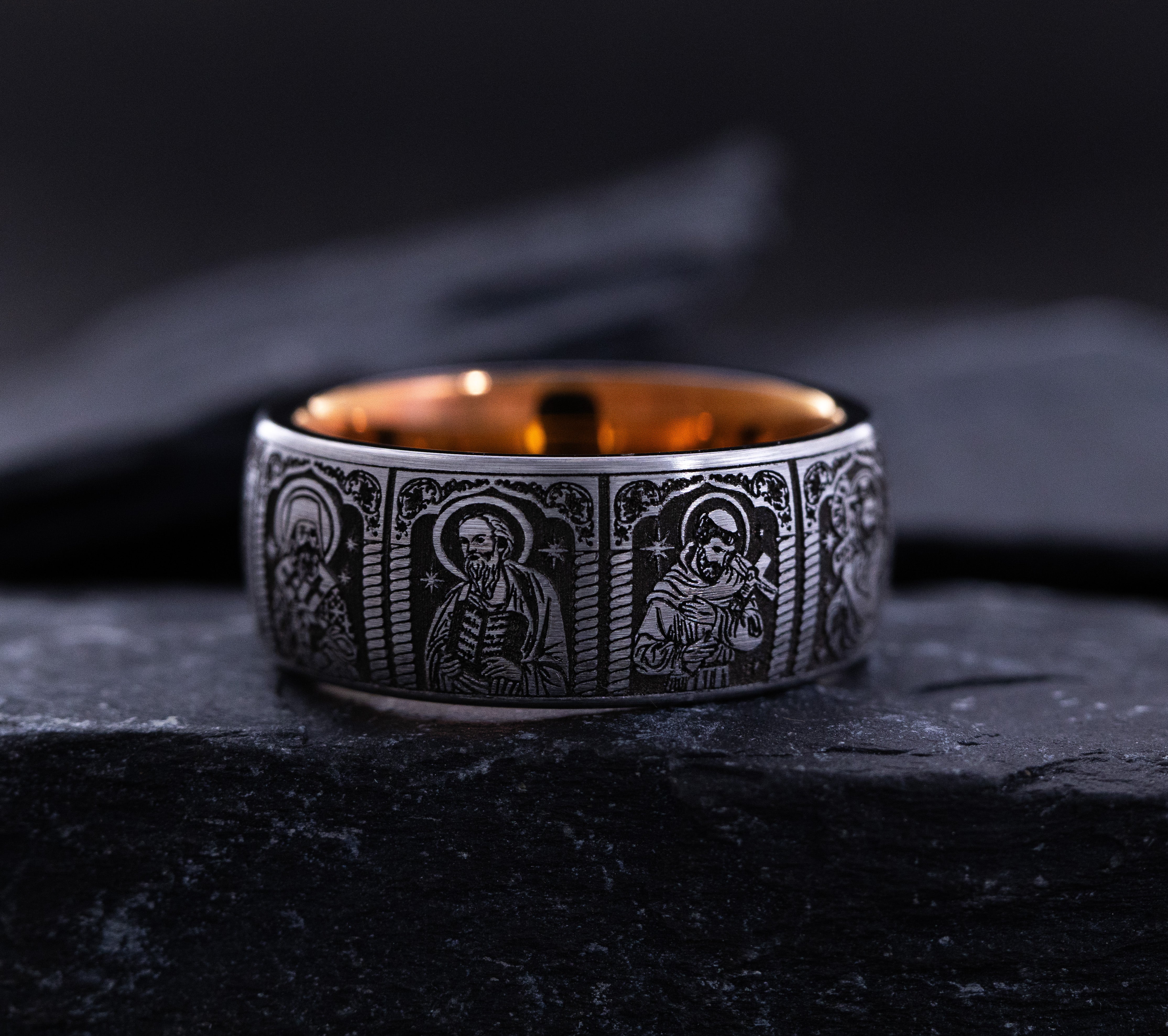 9mm Rose Gold and Black Tungsten Ring with Deep Engraved Christians Saints
