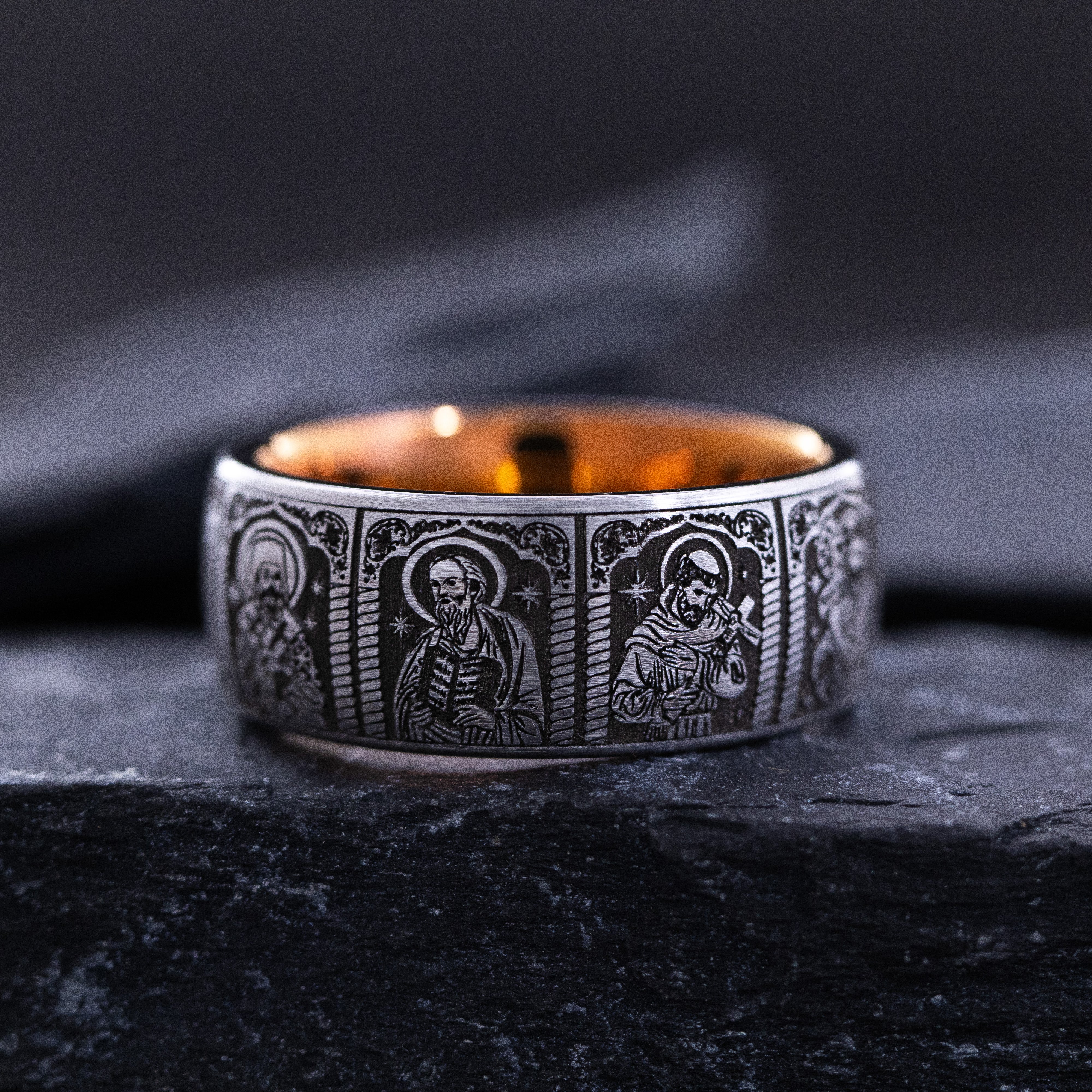 9mm Rose Gold and Black Tungsten Ring with Deep Engraved Christians Saints