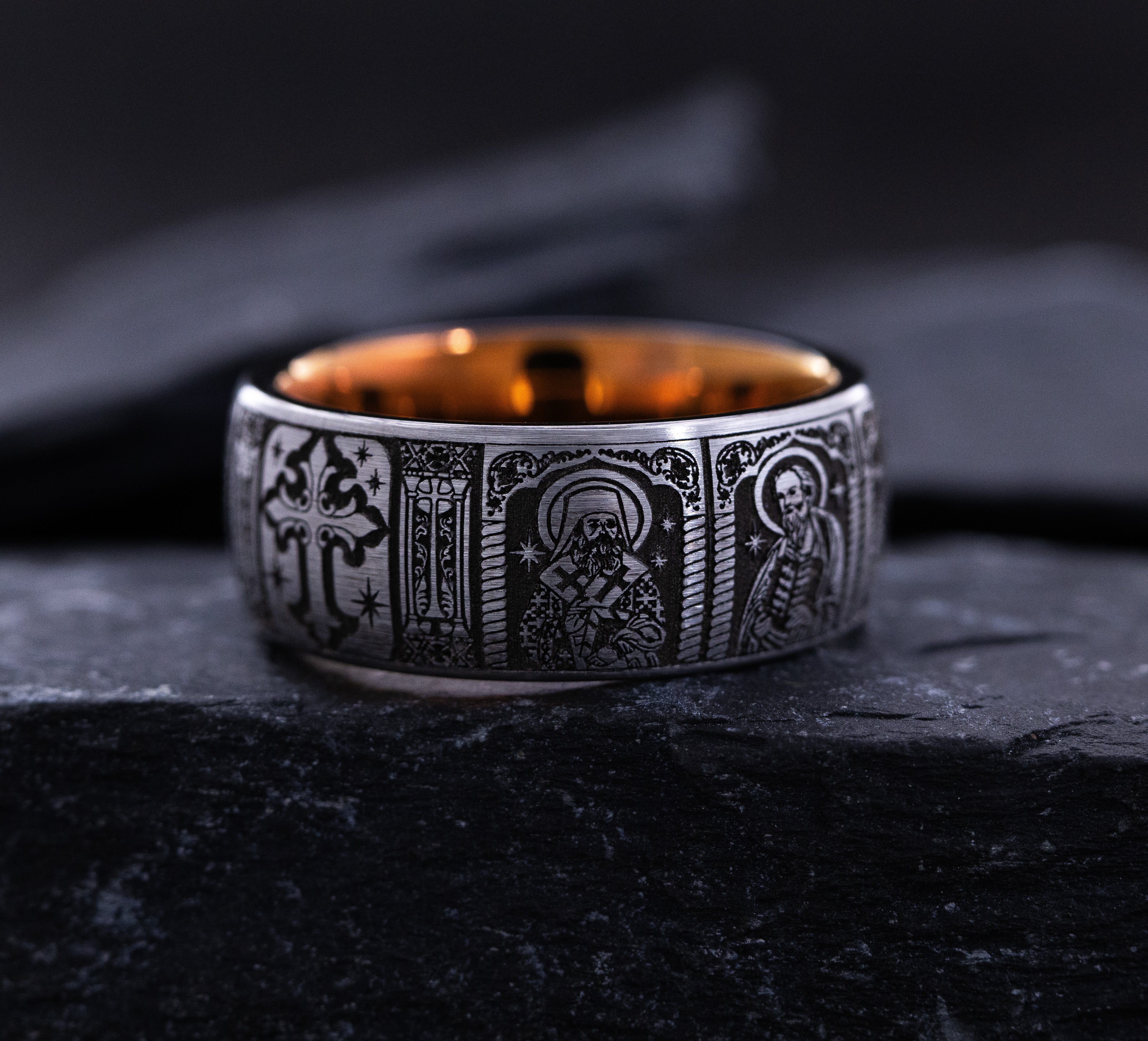 9mm Rose Gold and Black Tungsten Ring with Deep Engraved Christians Saints