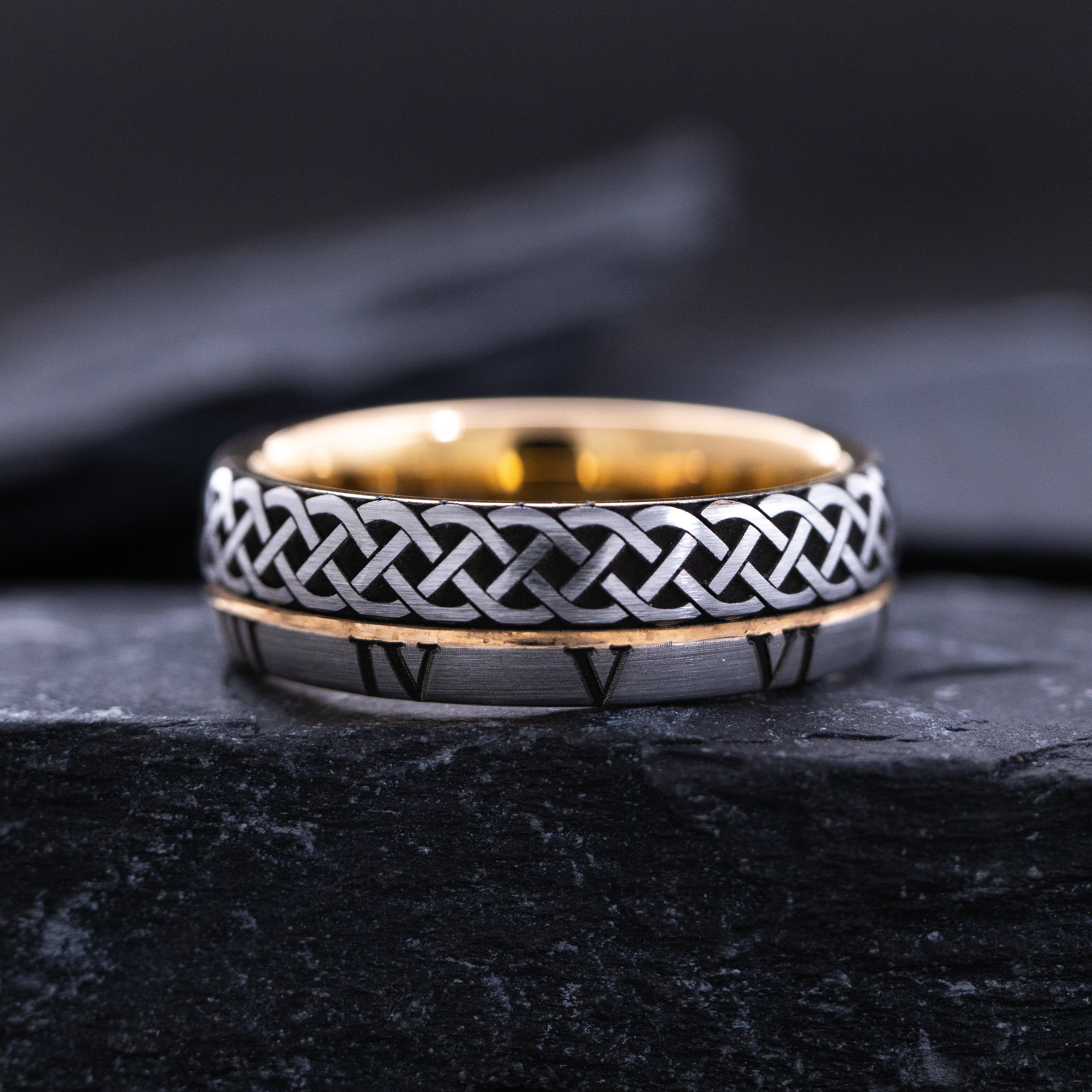 8mm Rose Gold Tungsten Carbide Ring with Engraved Braid and Roman Numerals