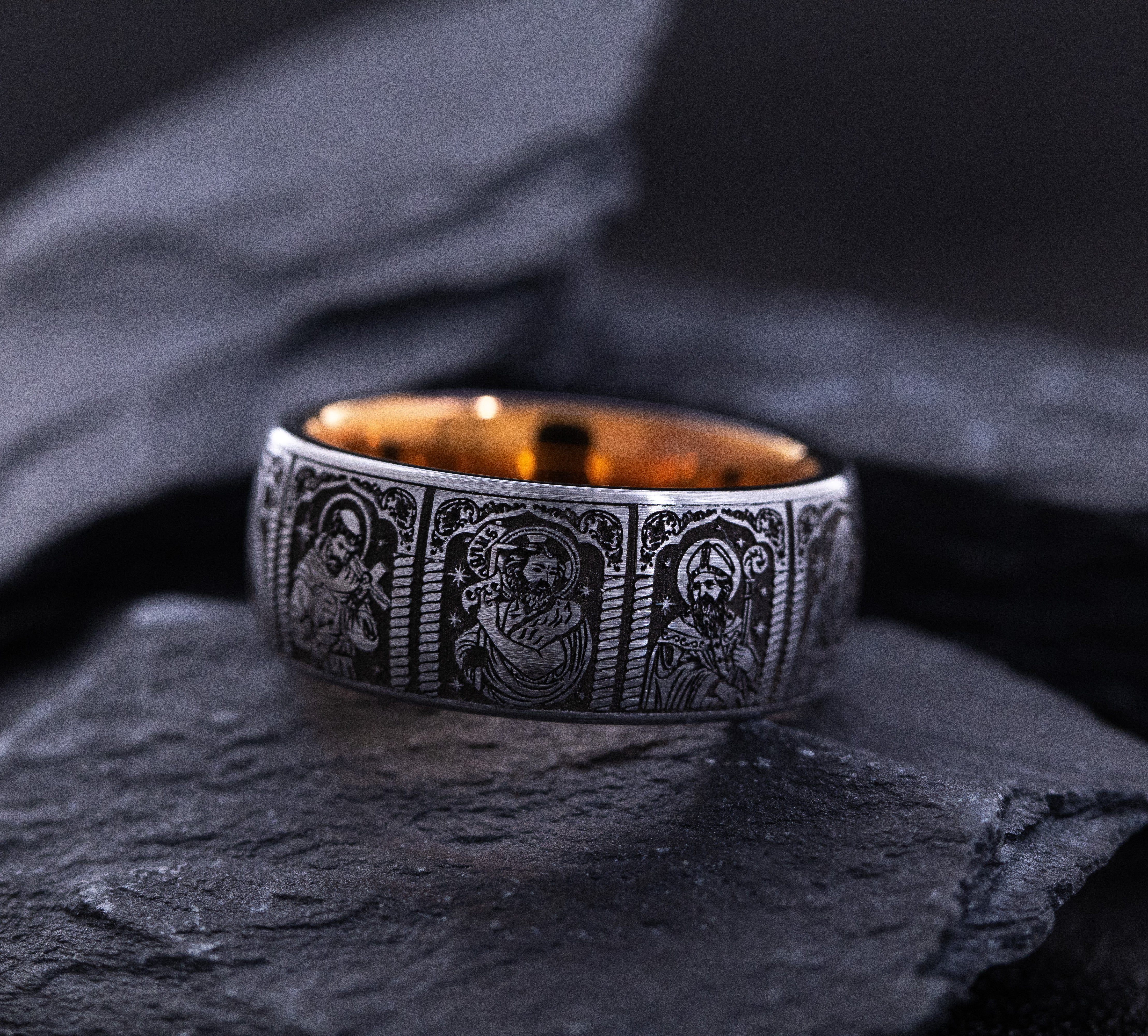 9mm Rose Gold and Black Tungsten Ring with Deep Engraved Christians Saints
