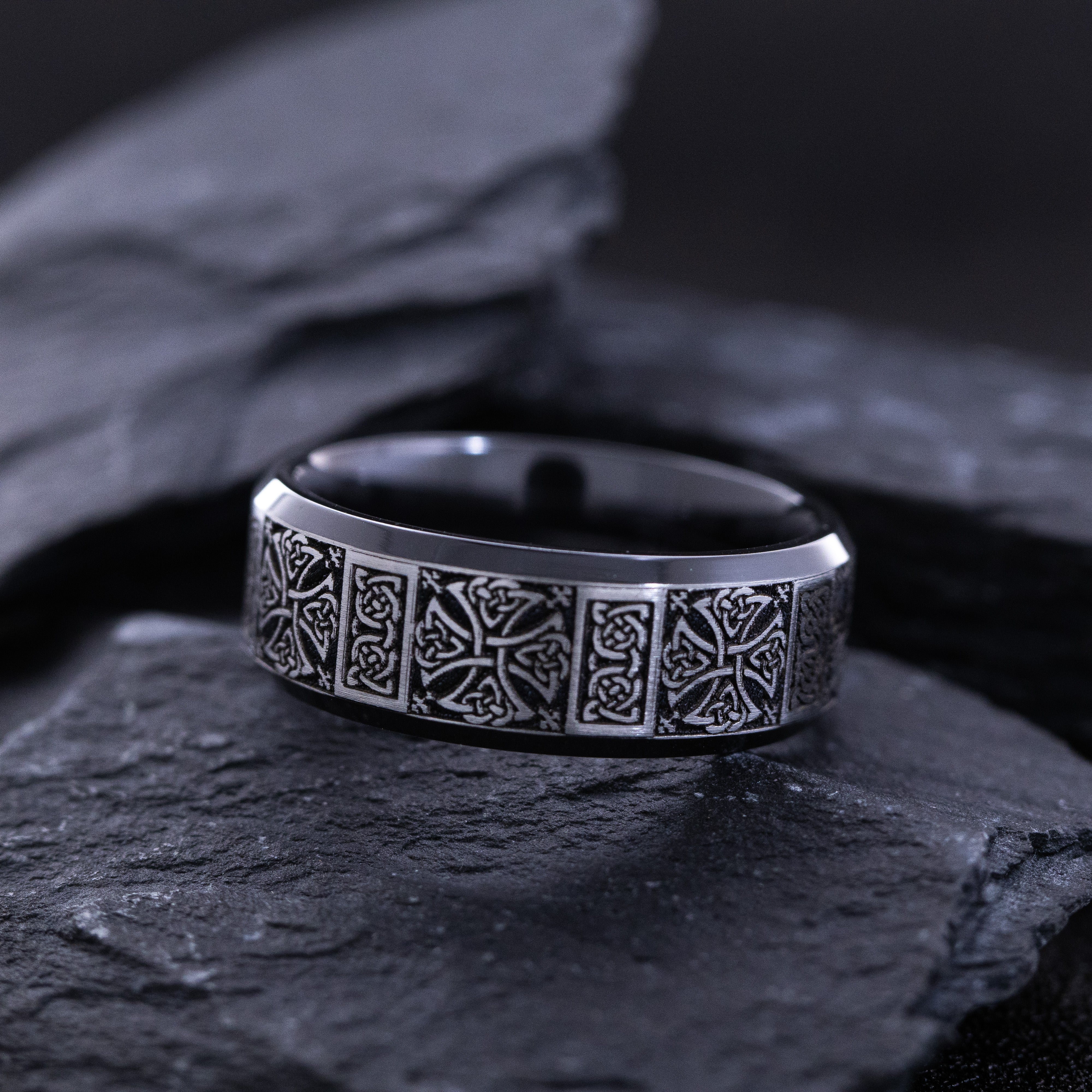 8mm Black Zirconium Band with Silver Celtic Cross and Knots