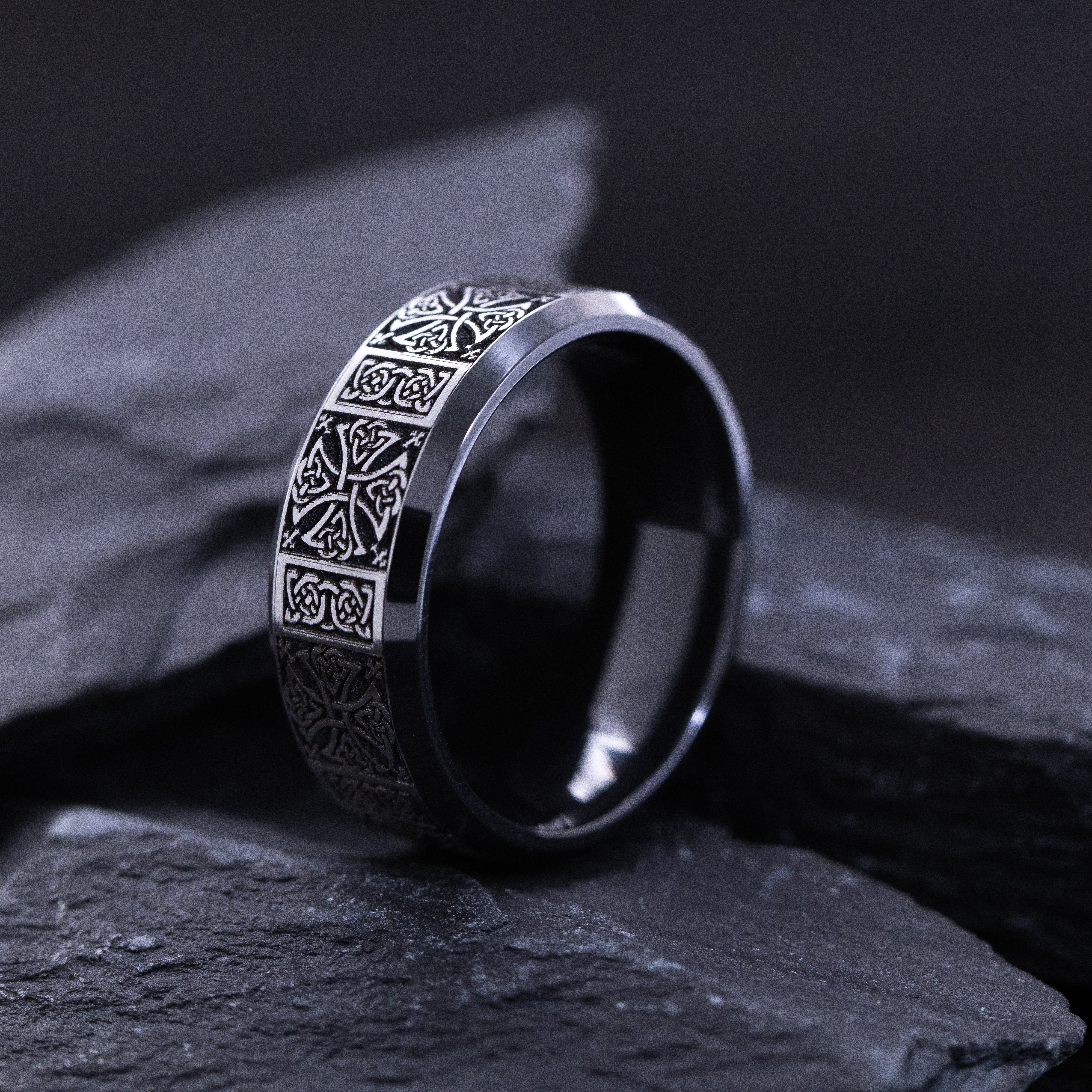 8mm Black Zirconium Band with Silver Celtic Cross and Knots