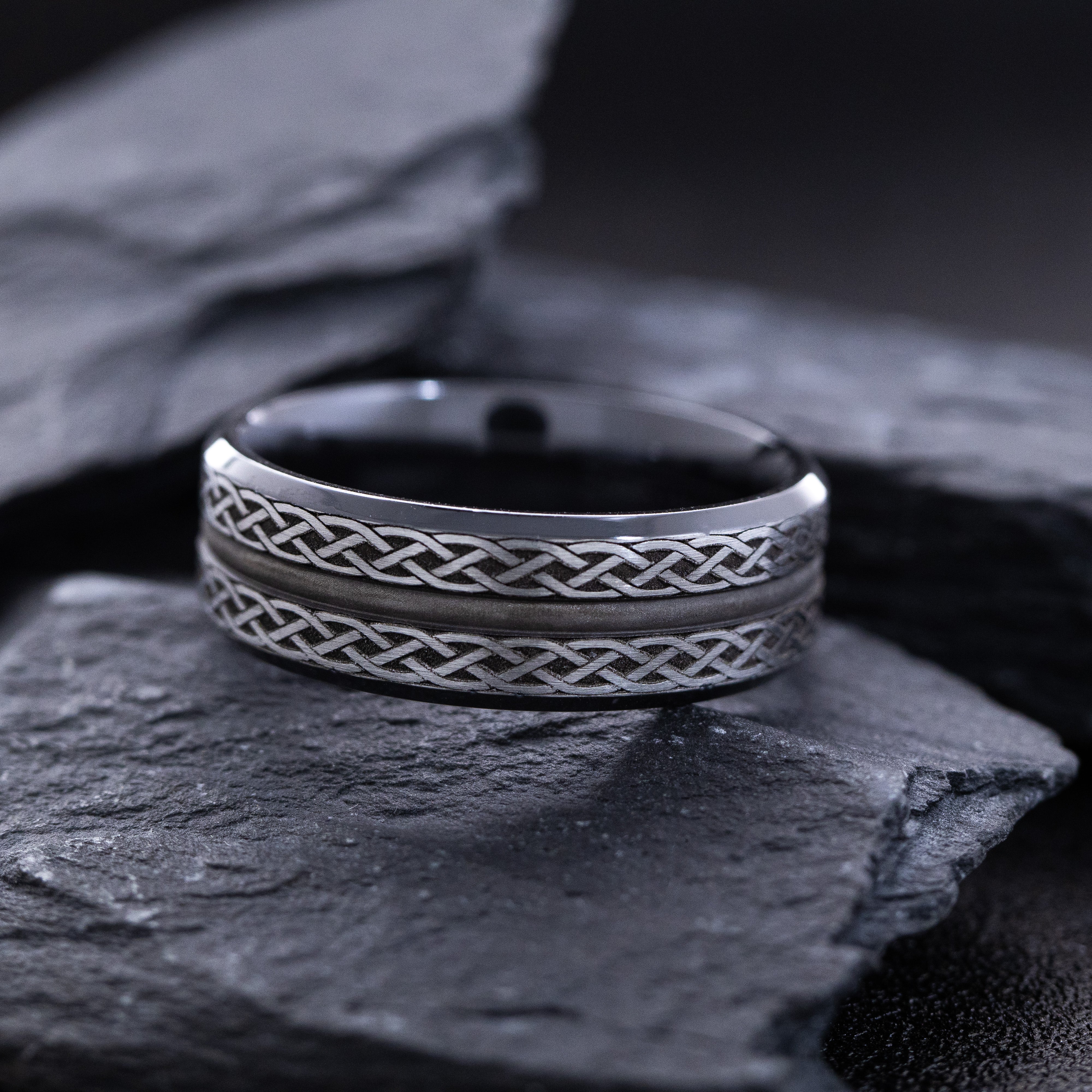 8mm Black Zirconium Band with Engraved Celtic Knots and Groove