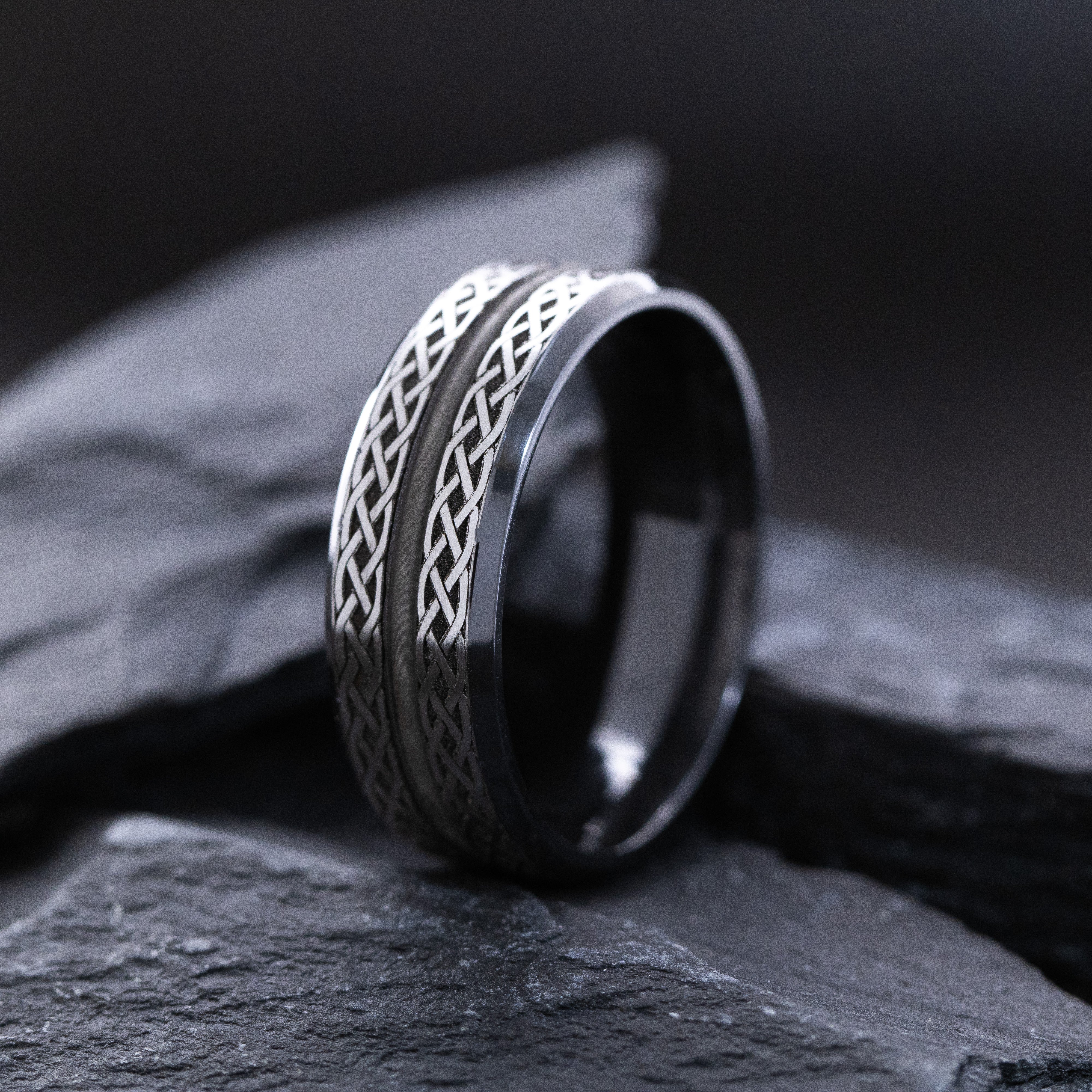 8mm Black Zirconium Band with Engraved Celtic Knots and Groove