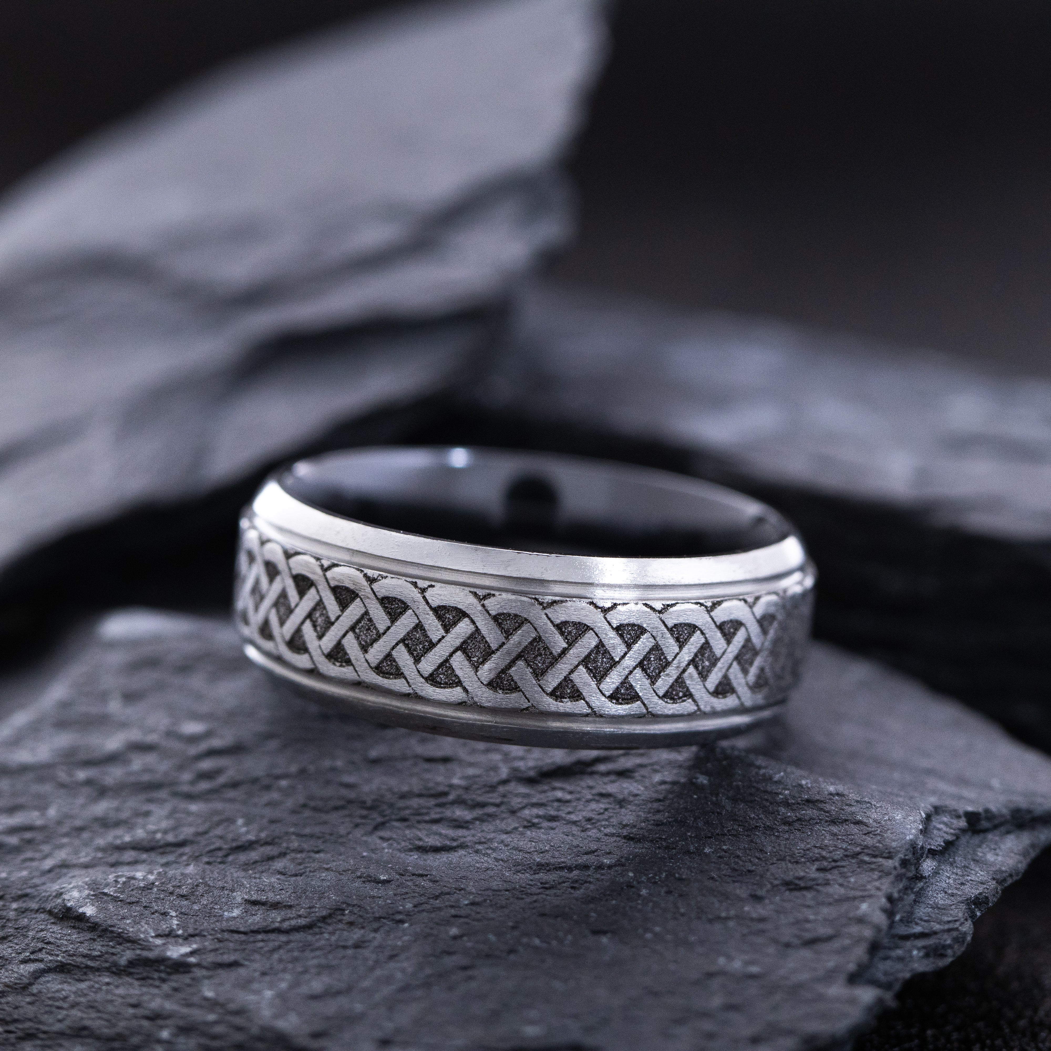 8mm Black Zirconium Band with Engraved Silver Celtic Pattern