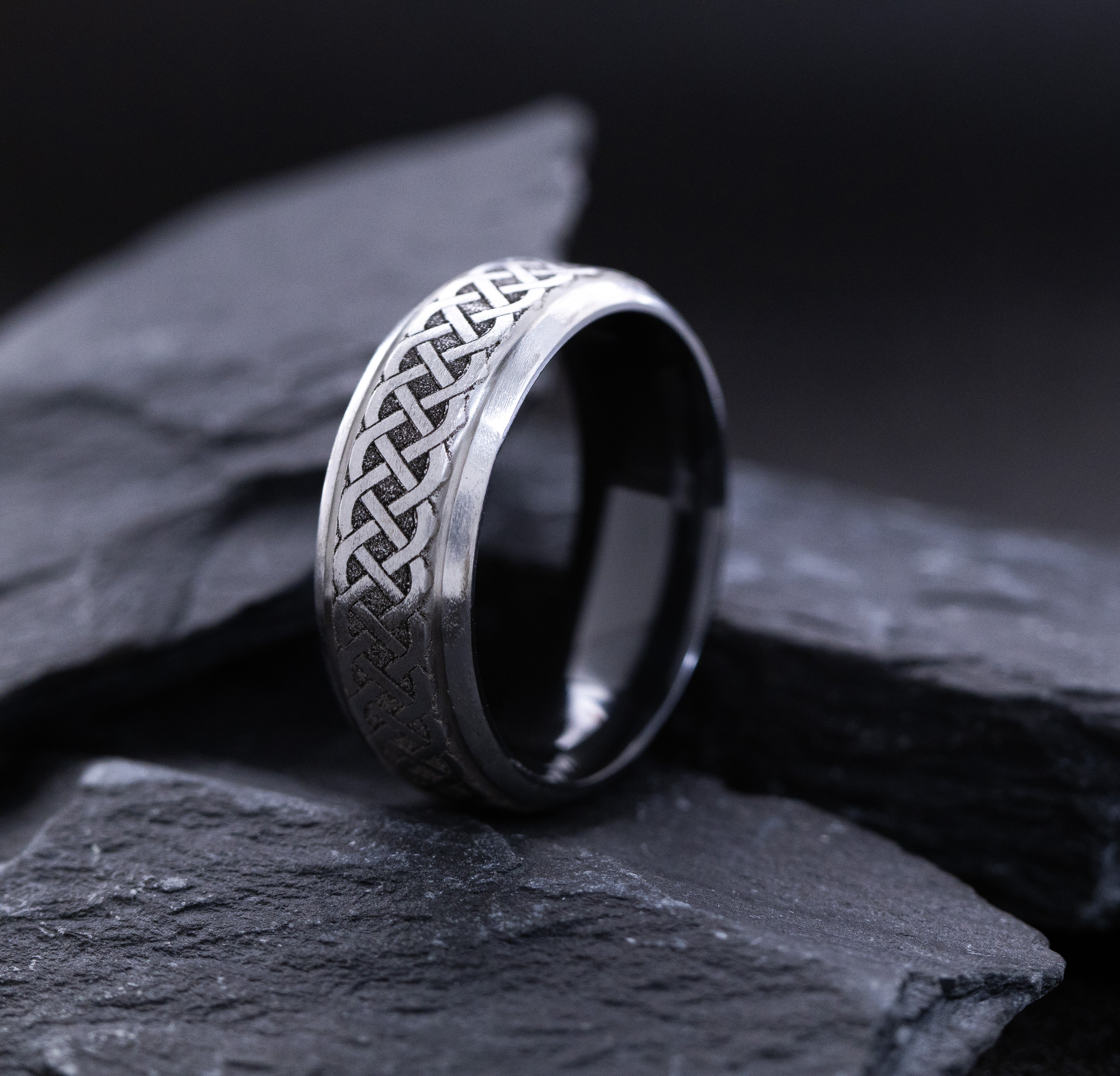 8mm Black Zirconium Band with Engraved Silver Celtic Pattern