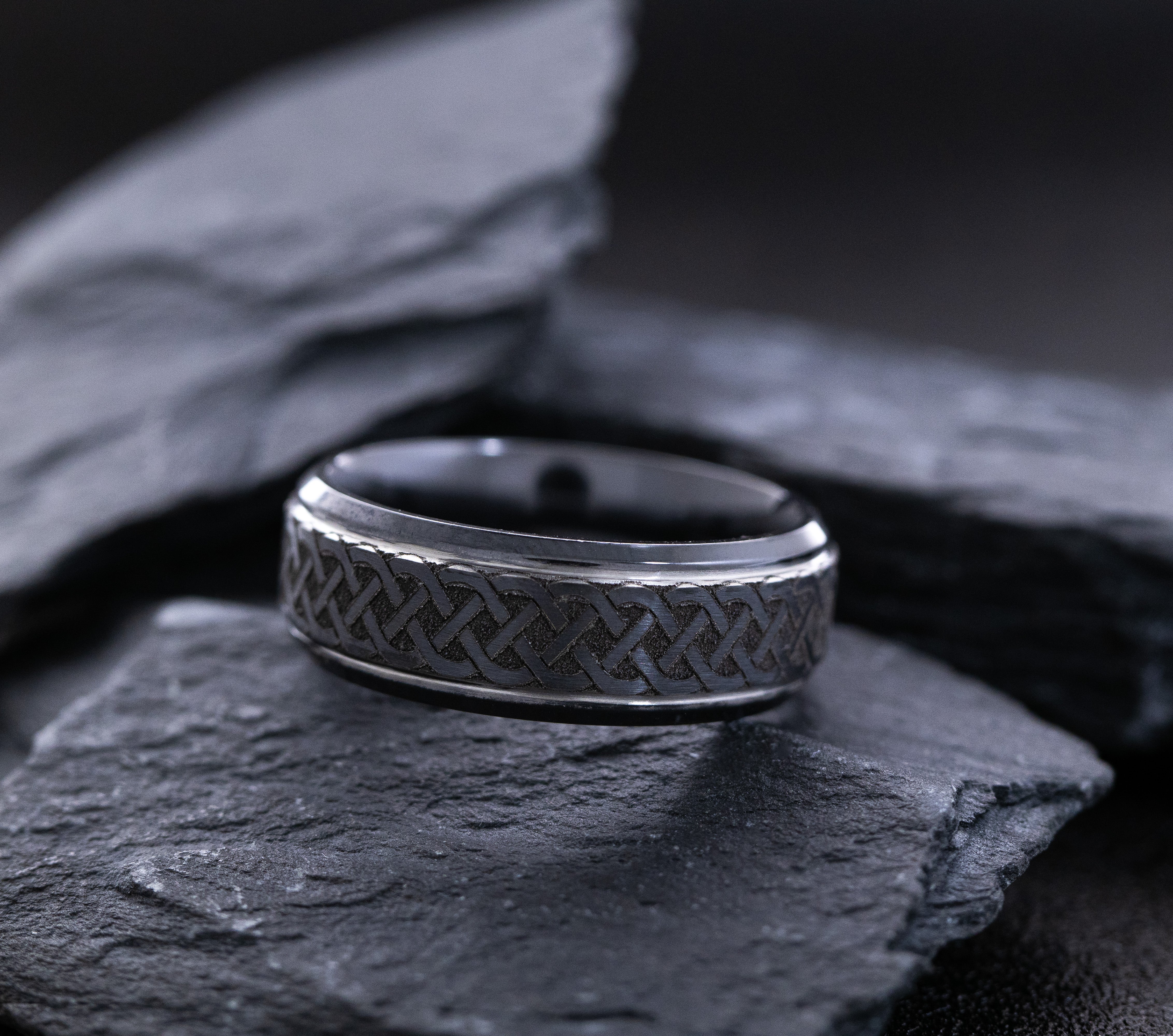 8mm Black Zirconium Band with Deep Engraved Celtic Pattern