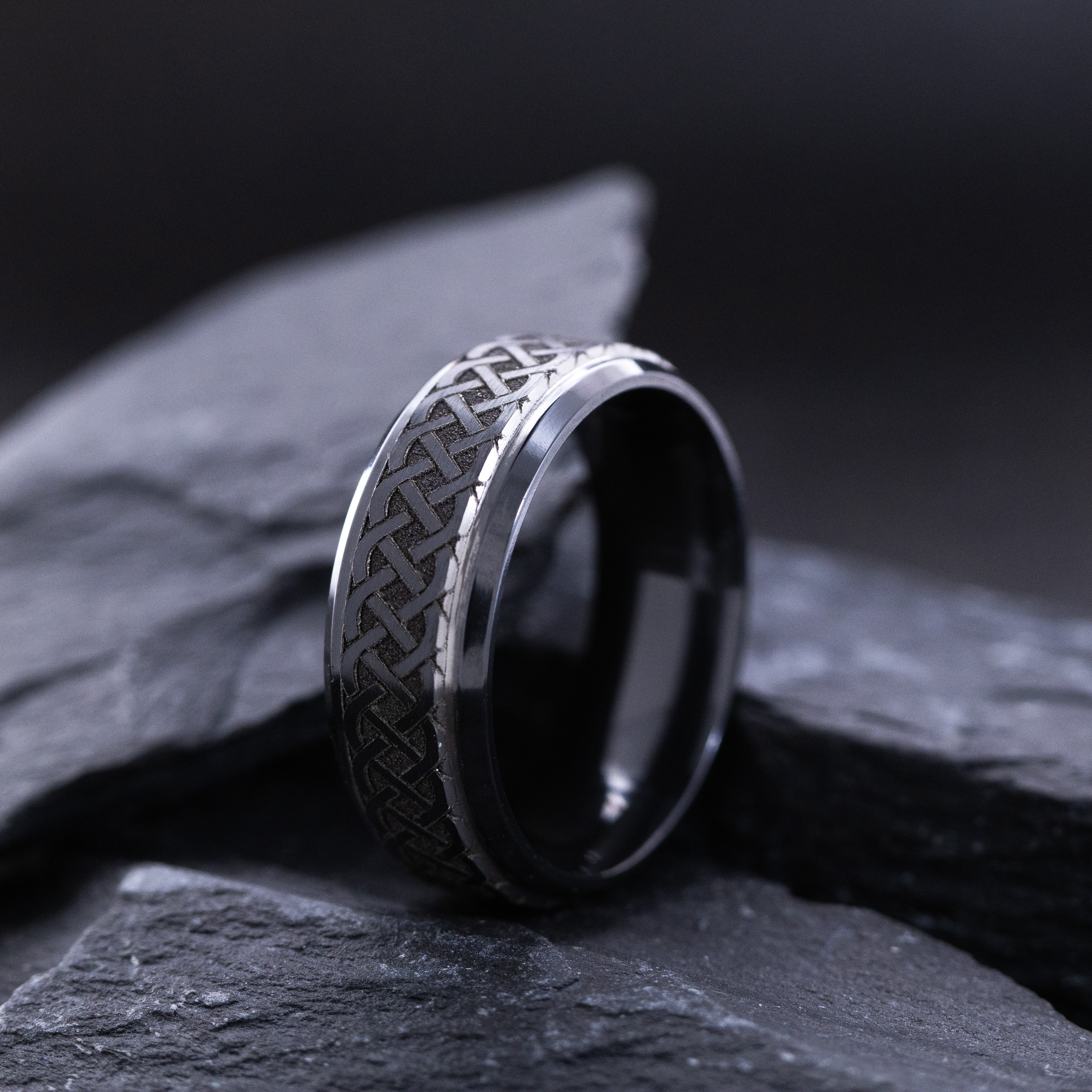 8mm Black Zirconium Band with Deep Engraved Celtic Pattern