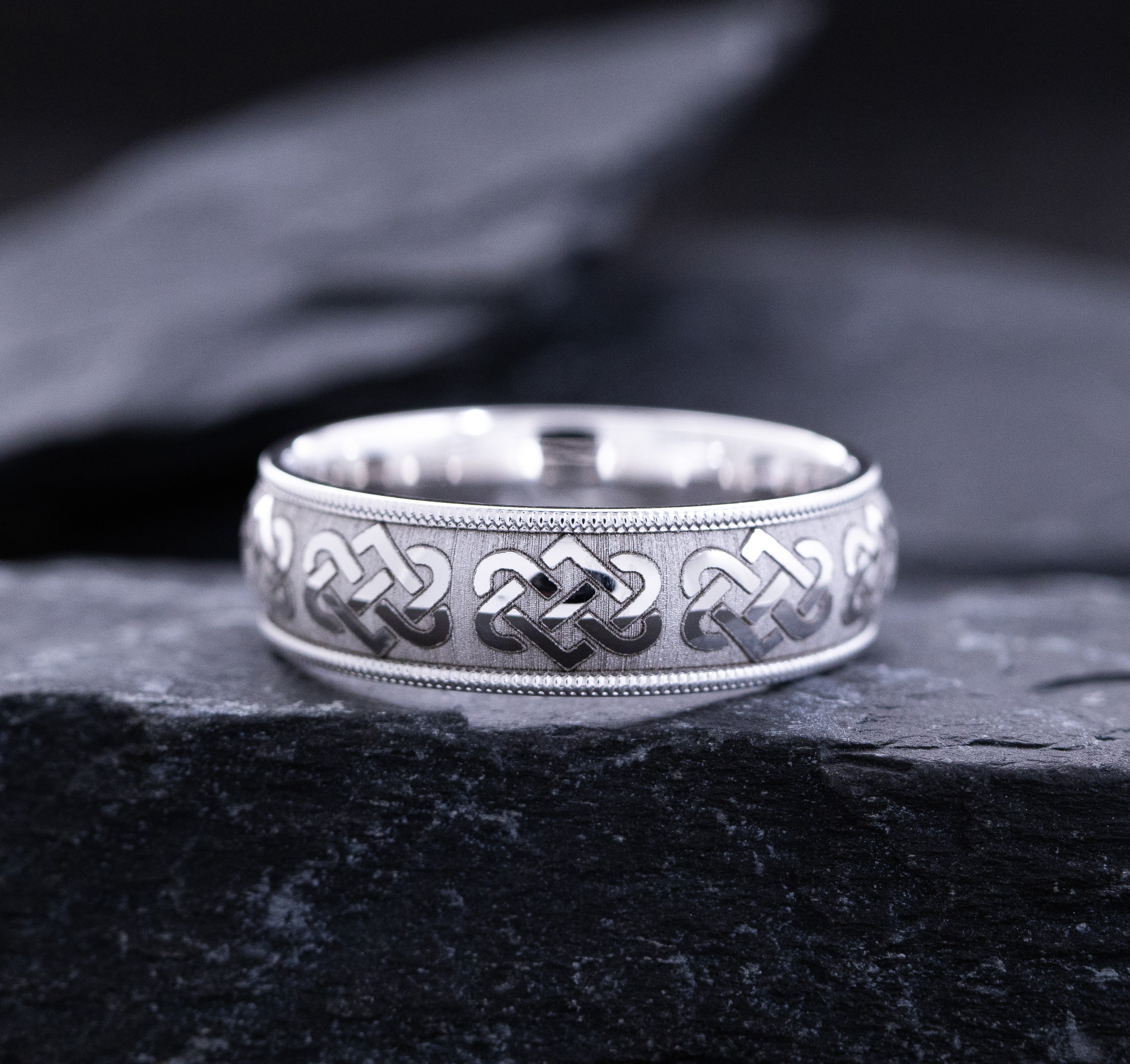 7mm Engraved Celtic Knot Ring, 14k White Gold Band