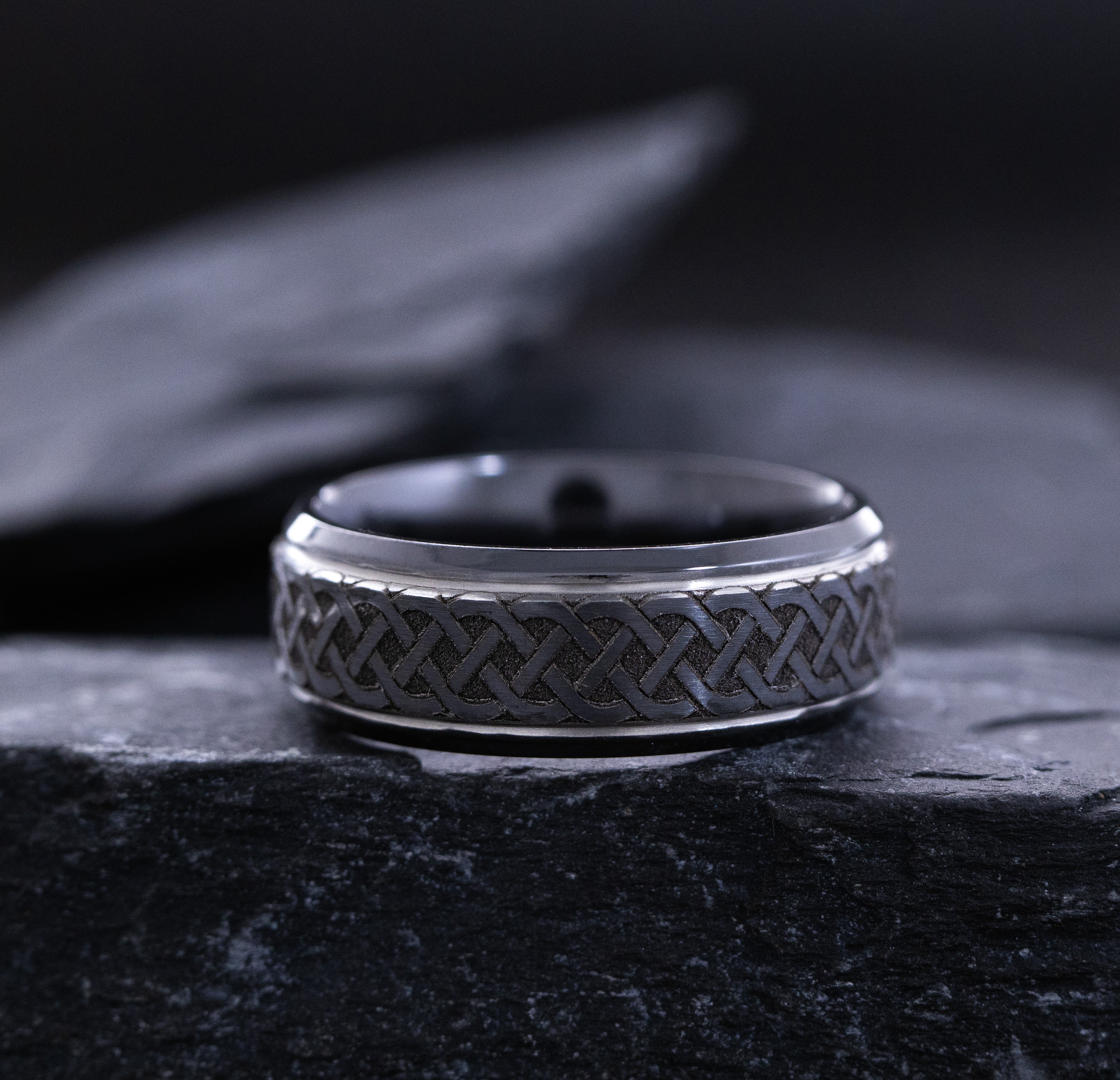 8mm Black Zirconium Band with Deep Engraved Celtic Pattern