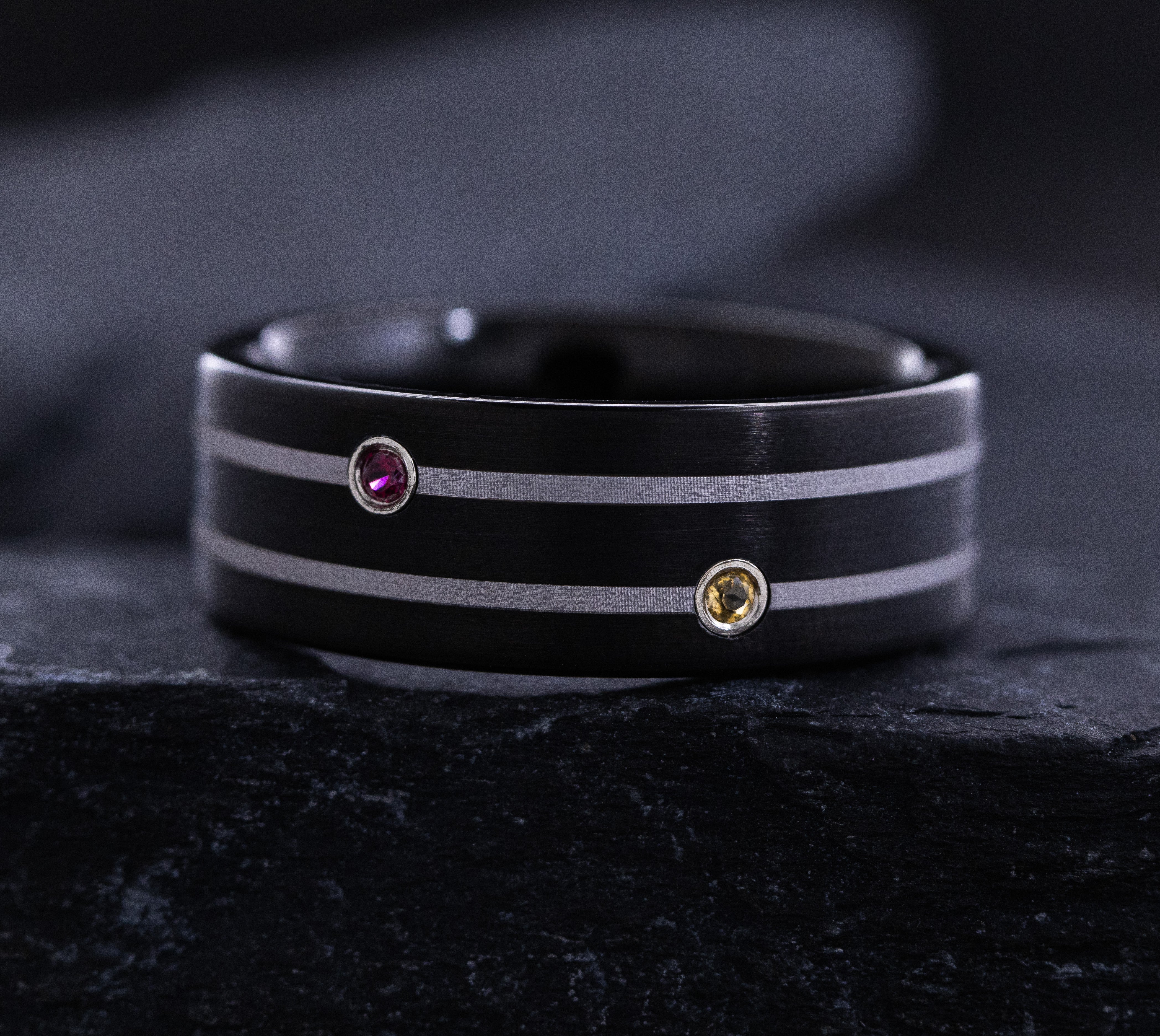 9mm Black Tungsten Carbide Ring with Two Round Cut Gemstones and White Stripes