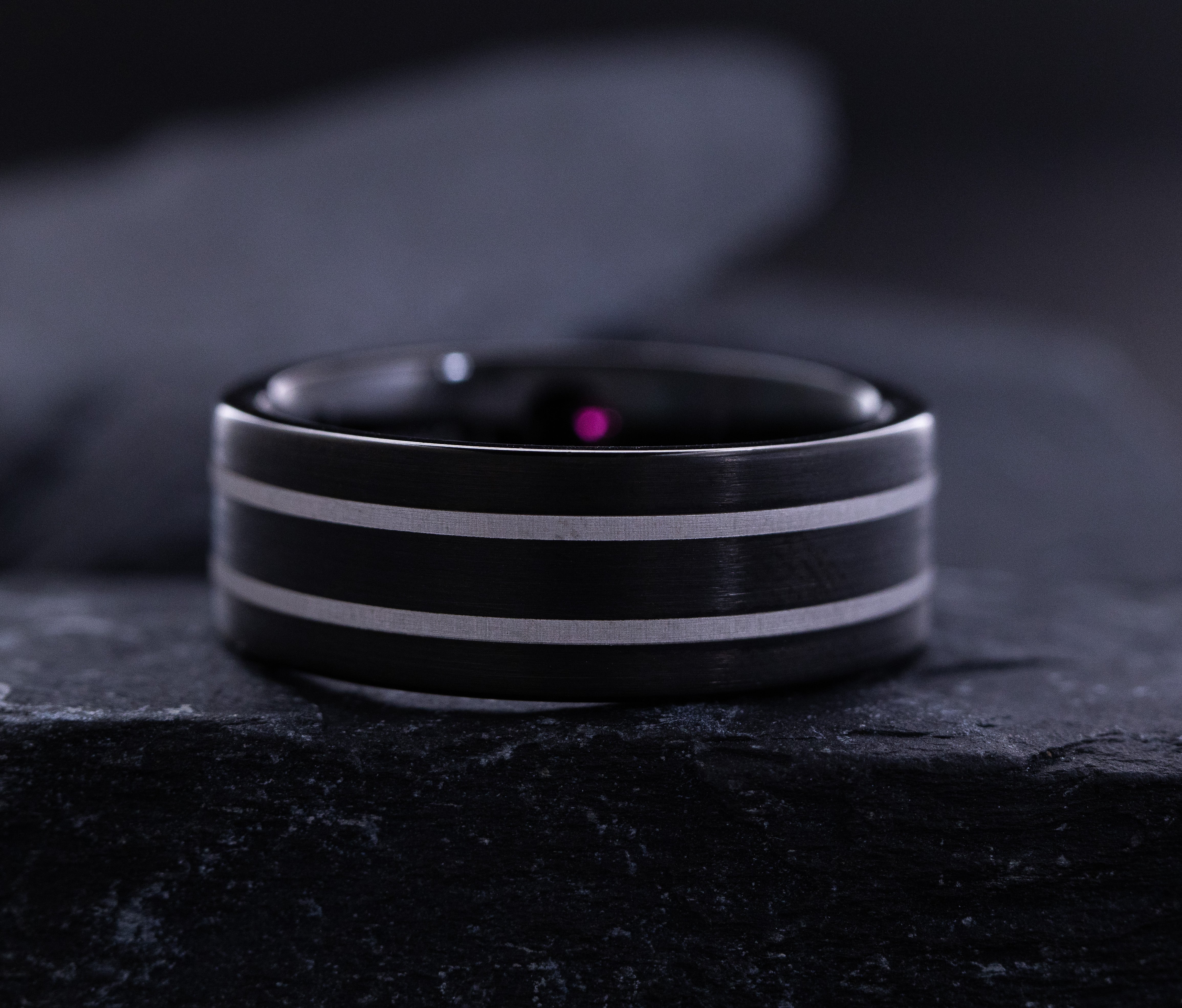 9mm Black Tungsten Carbide Ring with Two Round Cut Gemstones and White Stripes