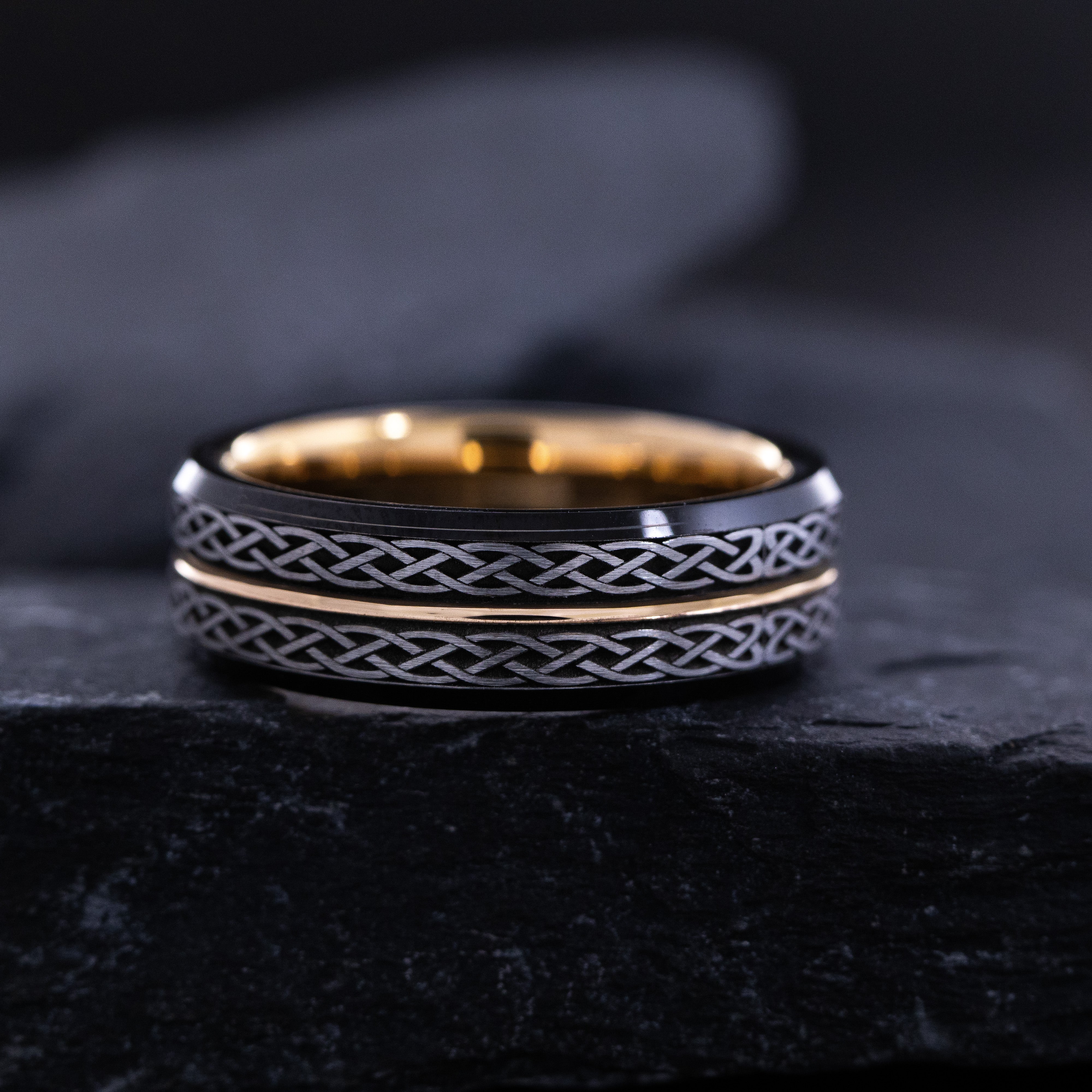 7mm Black and Rose Gold Plated Tungsten Carbide with Engraved Celtic Patterns