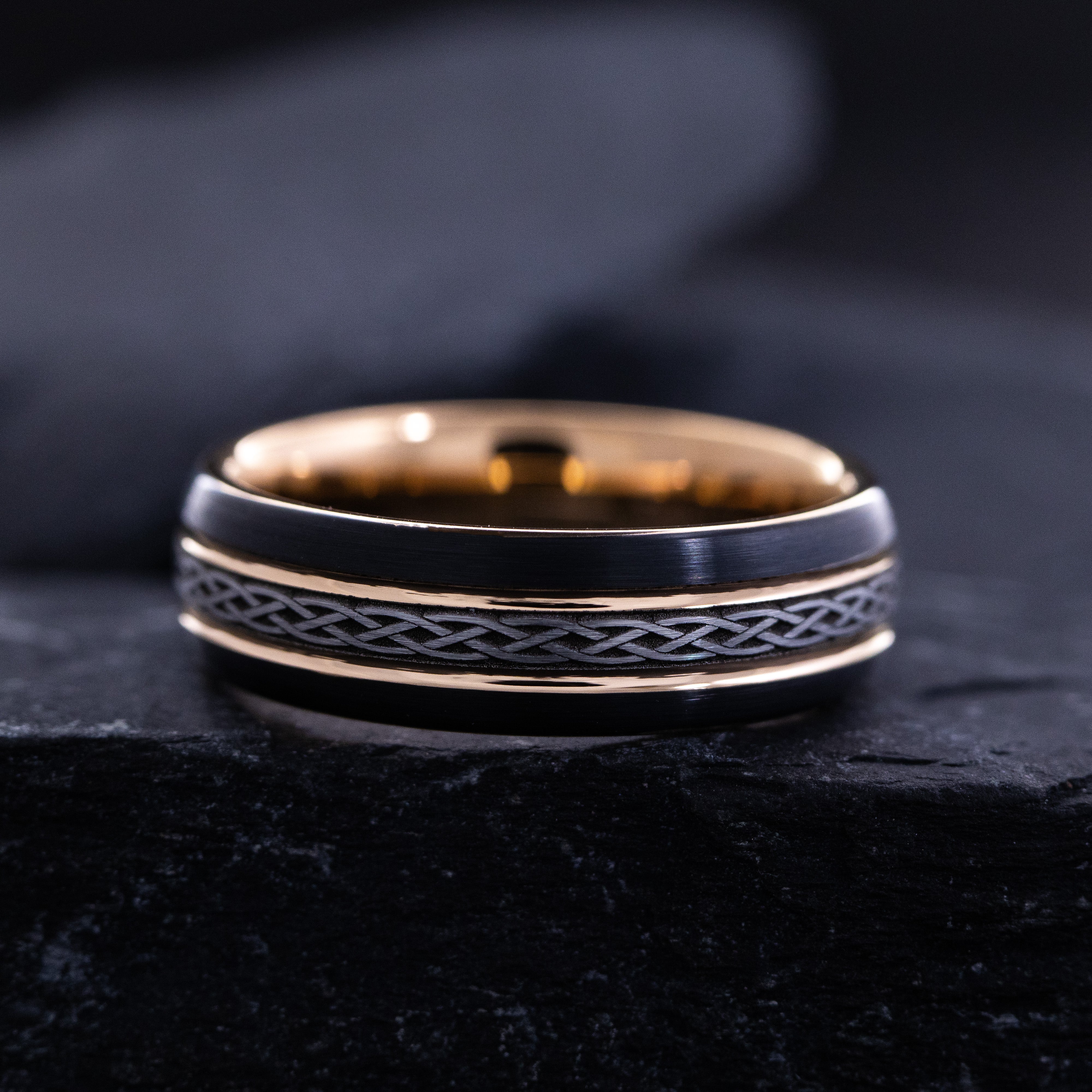 7mm Black and Rose Gold Plated Tungsten Carbide Band with Celtic Irish Engravings
