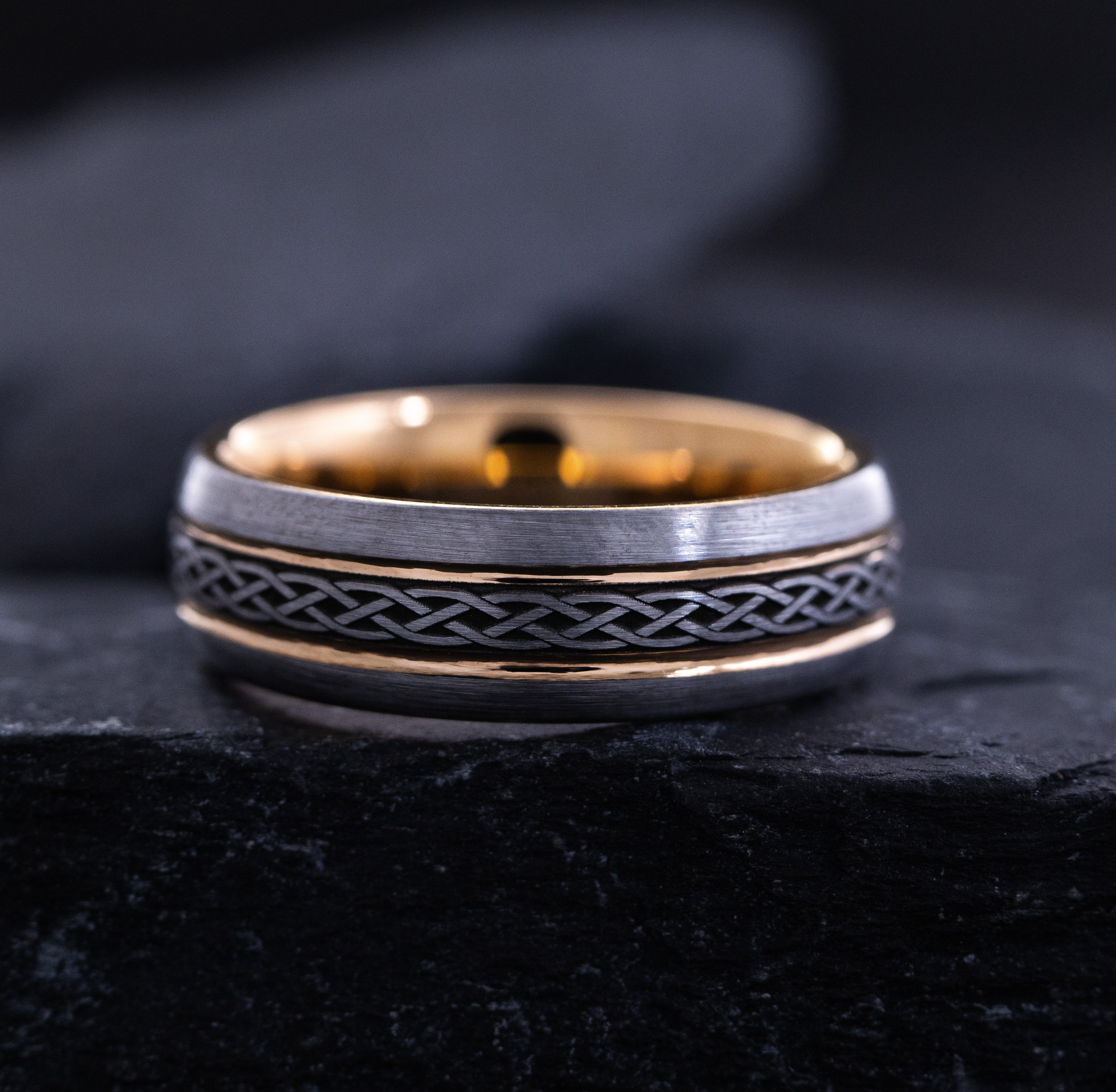 7mm Silver and Rose Gold Plated Tungsten Carbide Grooved Ring with Engraved Celtic Knot Patterns