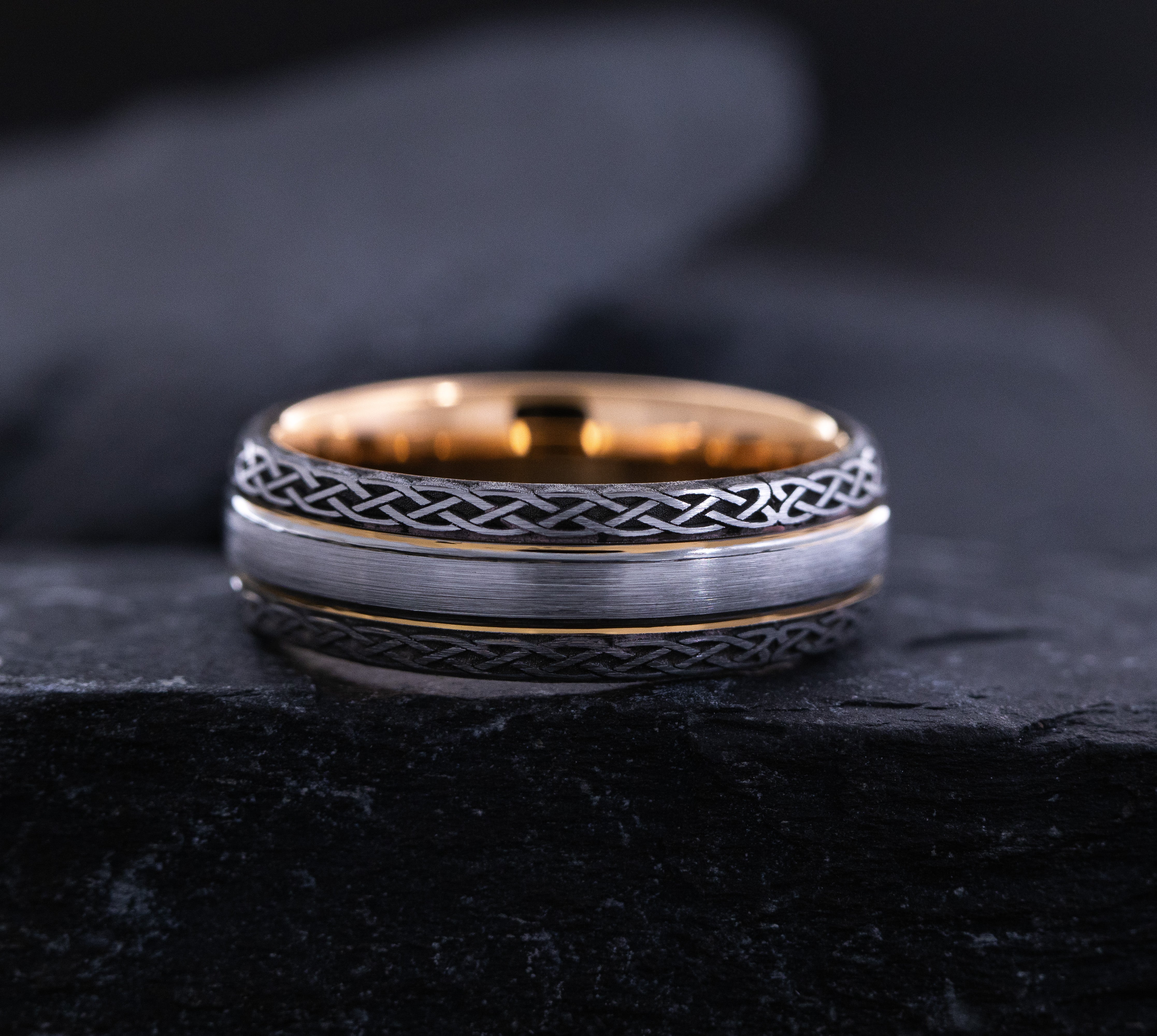 7mm Black and Rose Gold Plated Tungsten Carbide Grooved Ring with Engraved Celtic Knots