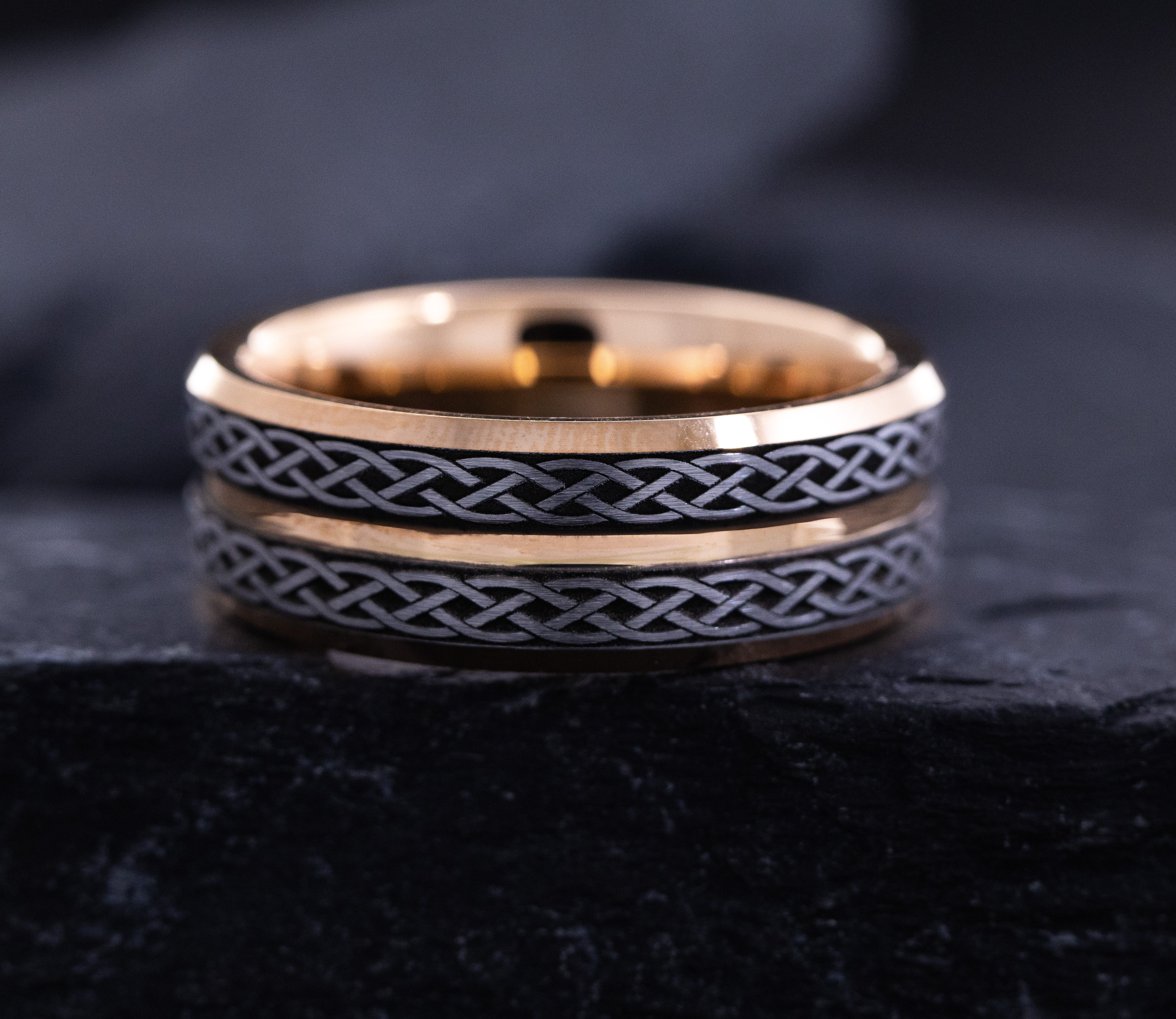 8mm Rose Gold Plated Tungsten Carbide Grooved Ring with Engraved Celtic Knot Pattern