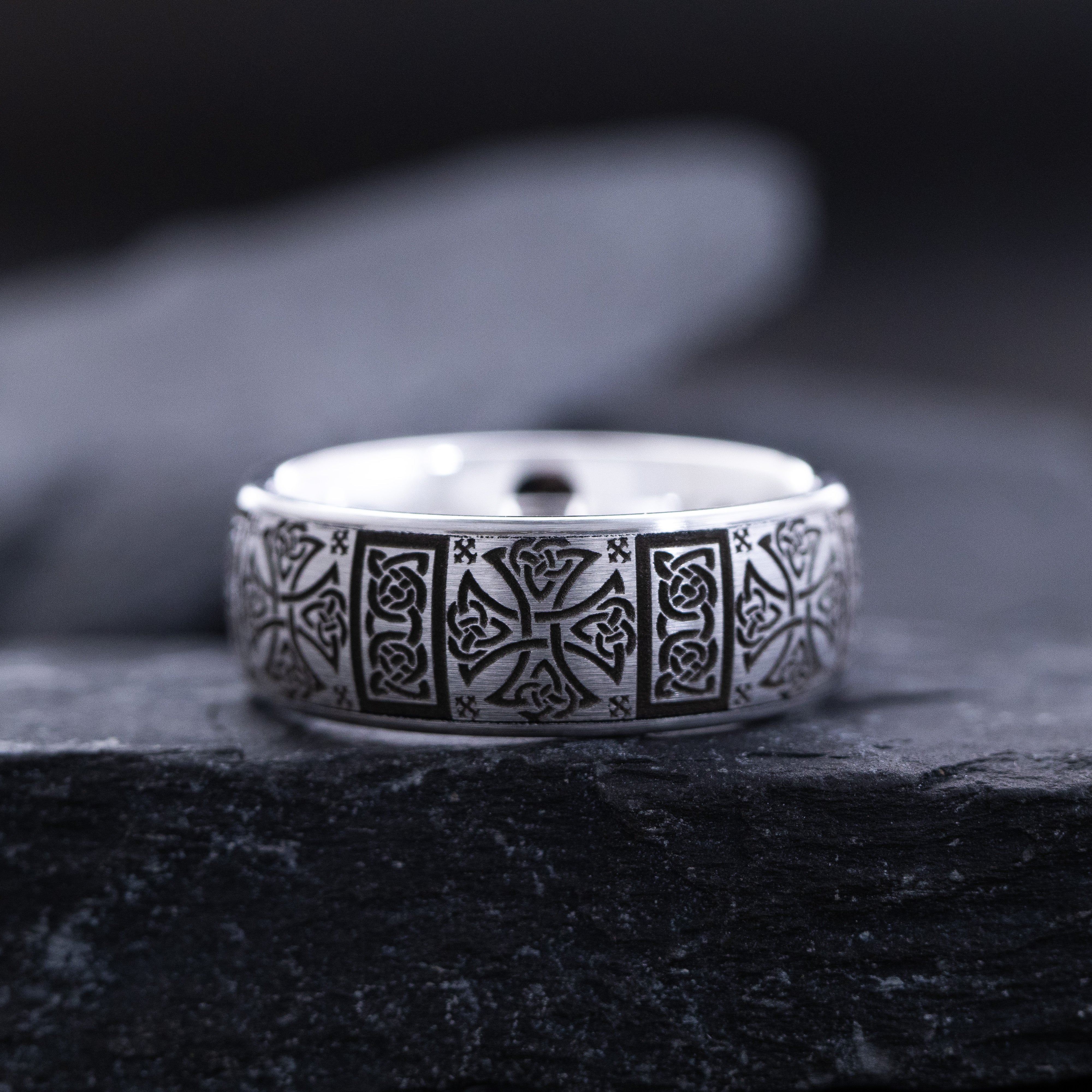 8mm Silver and Black Tungsten Carbide Band with Celtic Cross and Knot Deep Engravings