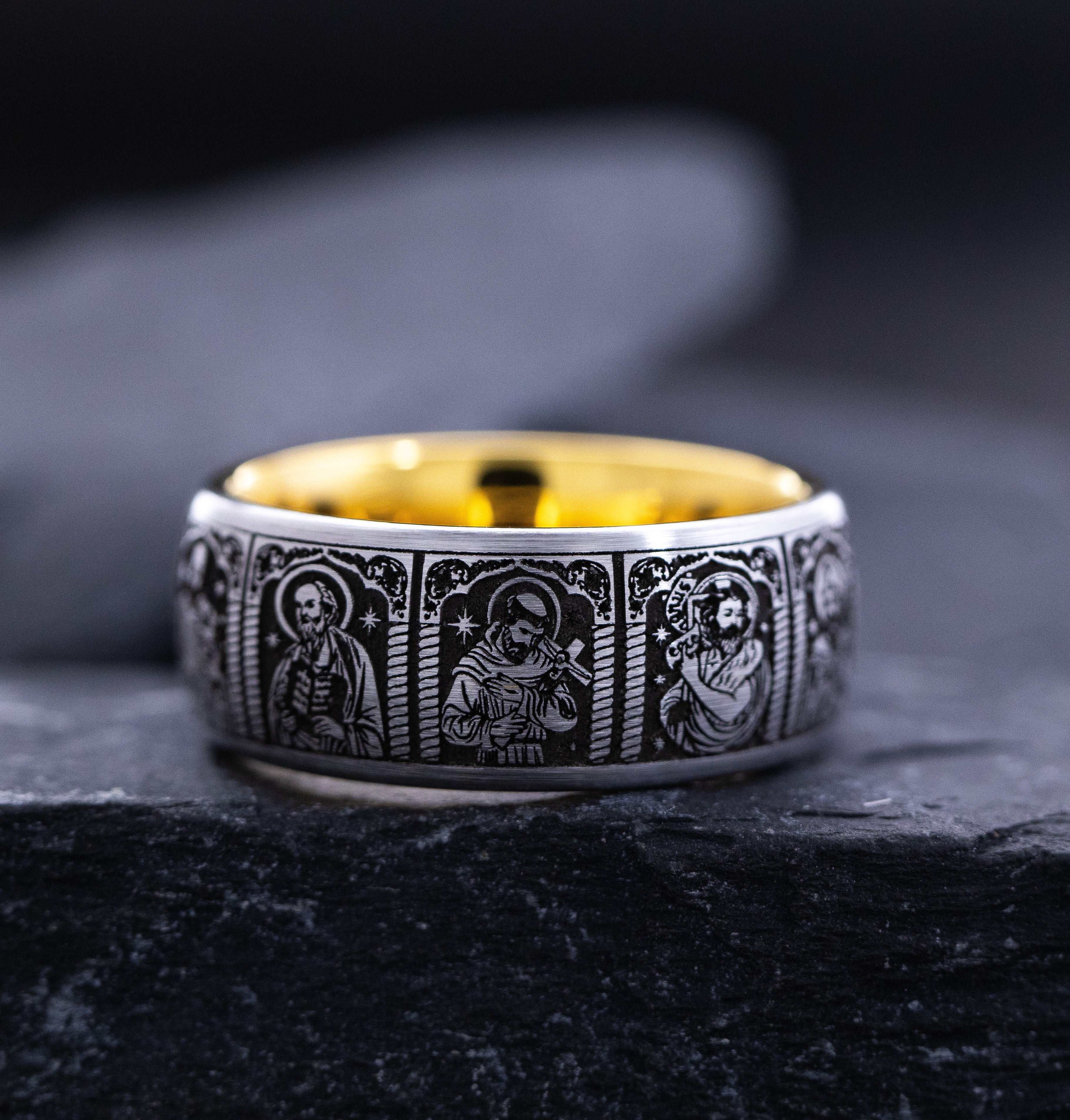 8mm Tungsten Carbide Ring with Yellow Gold Plating, Gemstone and Christian Saints Deep Engraved