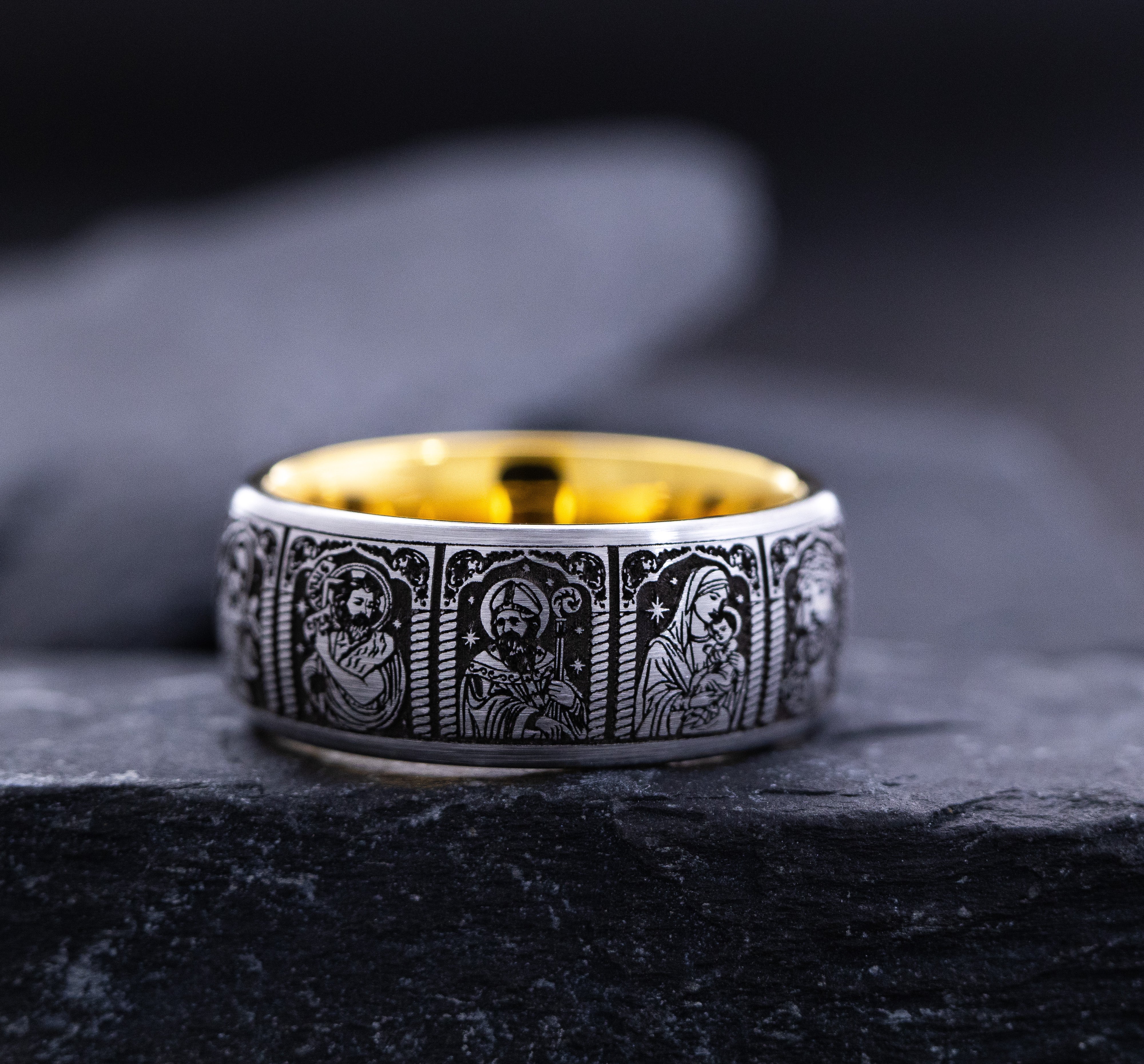 8mm Tungsten Carbide Ring with Yellow Gold Plating, Gemstone and Christian Saints Deep Engraved