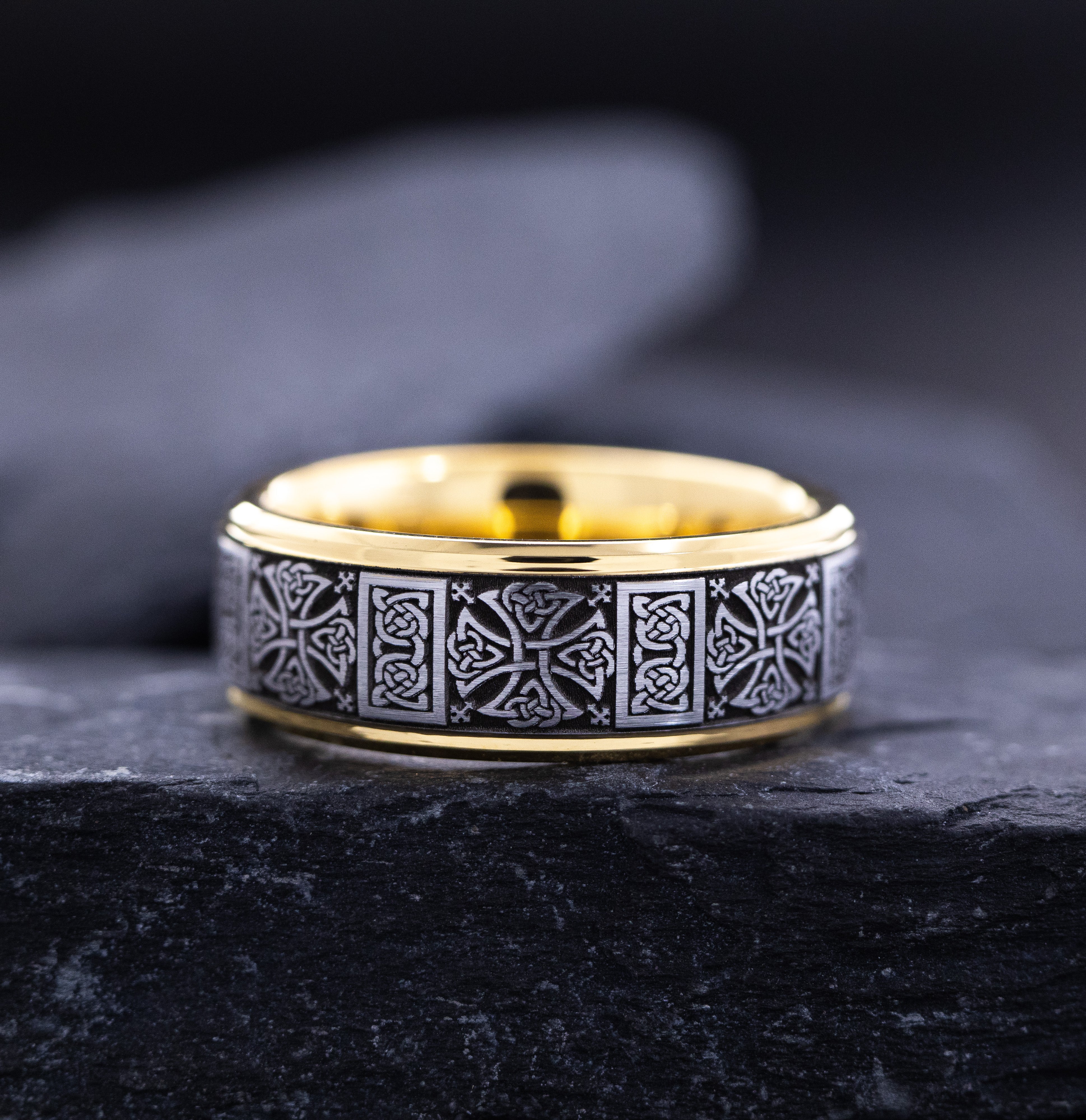 8mm Silver and Yellow Gold Plated Tungsten Carbide Ring with Deep Engraved Ancient Celtic Knotwork