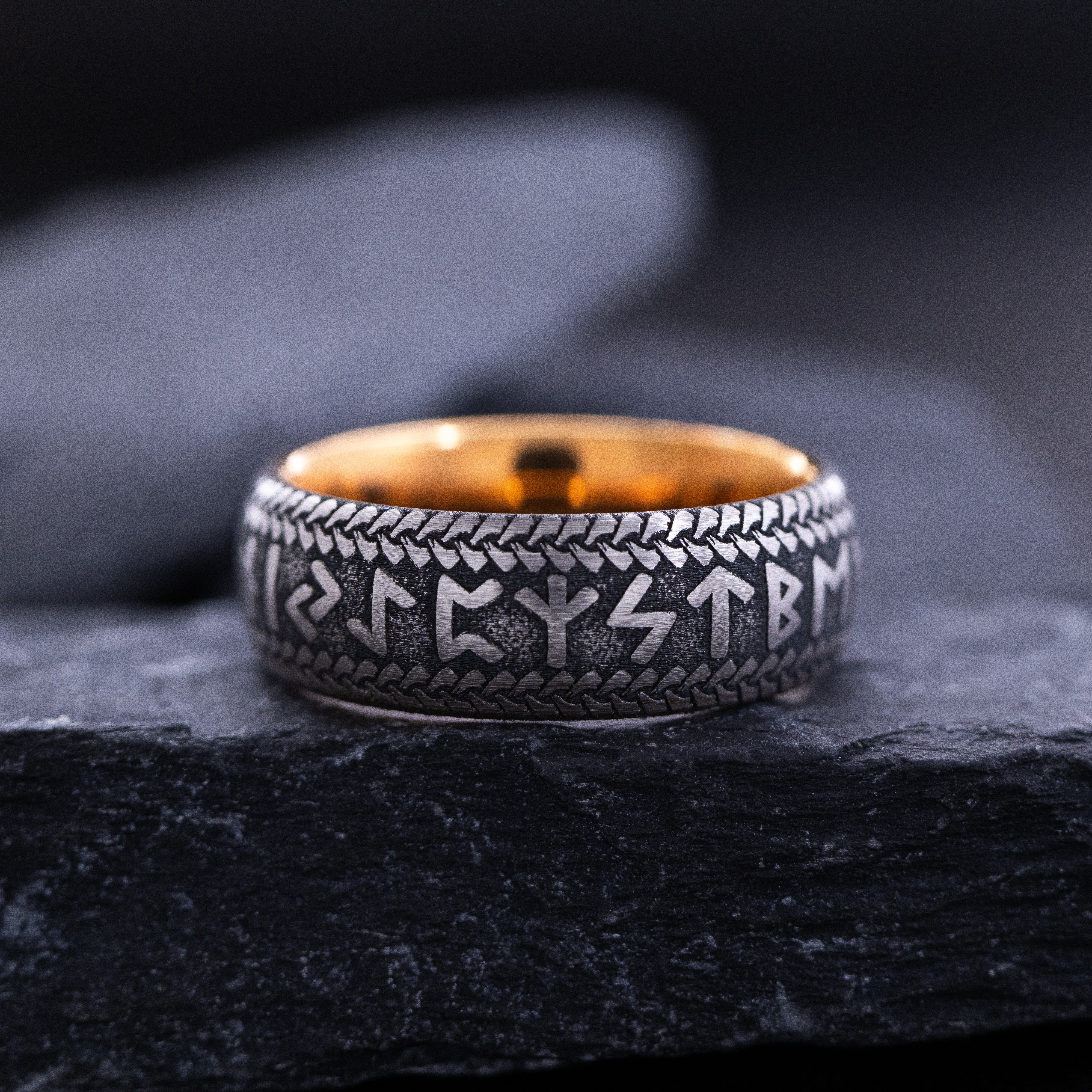 8mm Rose Gold Plated Tantalum Ring with Deep Engraved Norse Viking Runes