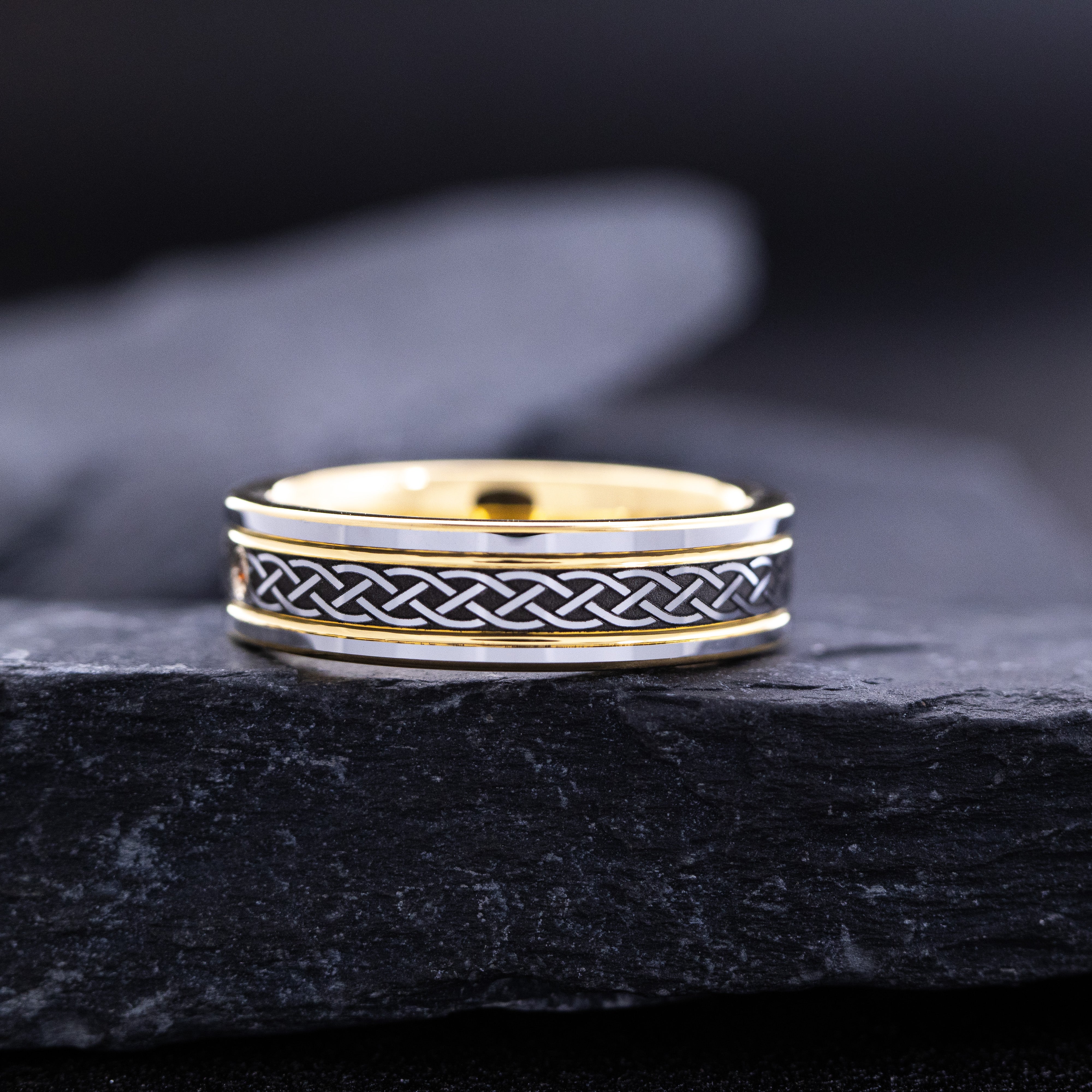 Yellow Gold Plated 6mm Tungsten Carbide Ring With Round Cut Gemstone and Celtic Knot Engraving