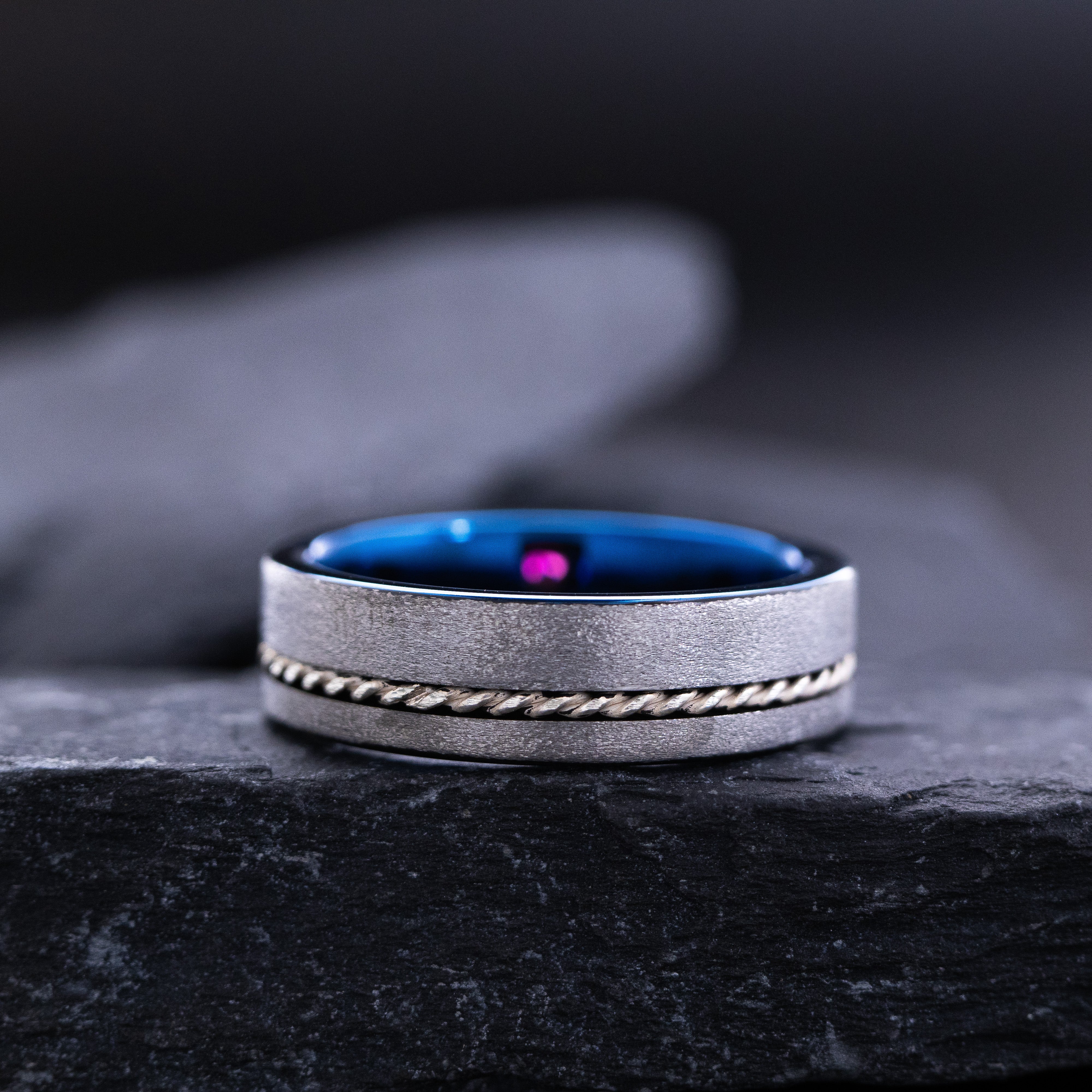 7mm Blue and Silver Tungsten Ring with Braided Rope and Birthstone