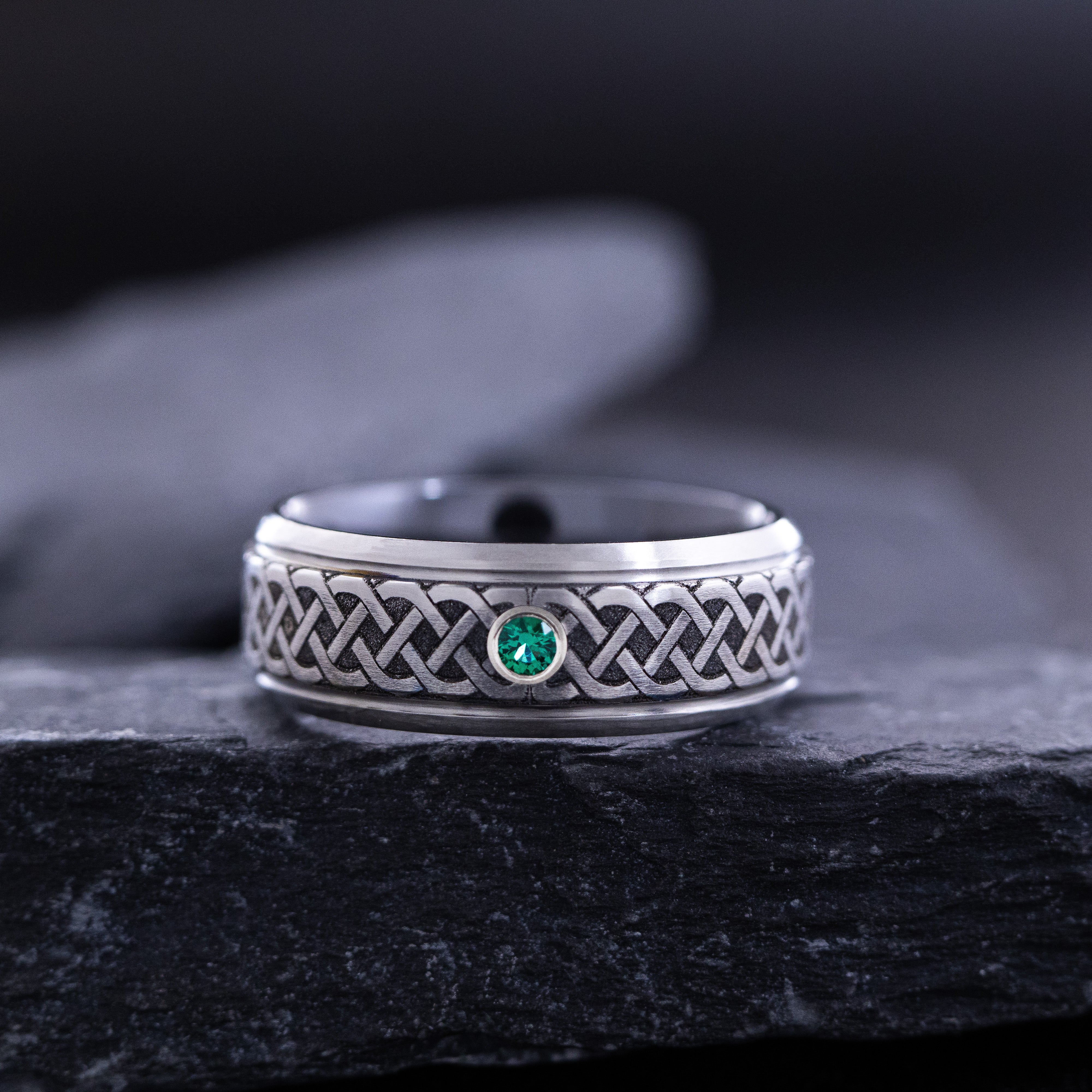 8mm Black Zirconium Ring with Round Cut Birthstone and Deep Engraved Silver Celtic Knotwork