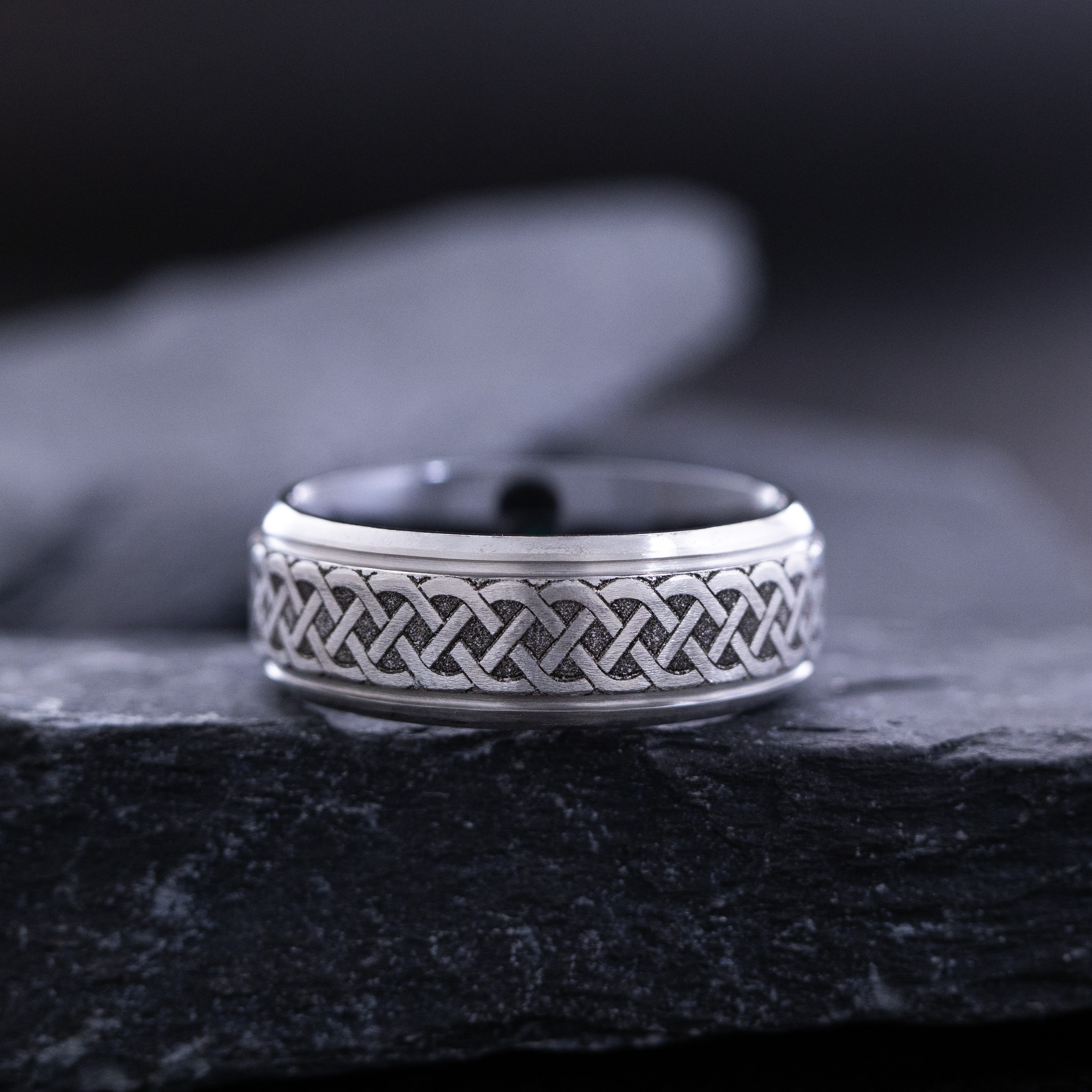 8mm Black Zirconium Ring with Round Cut Birthstone and Deep Engraved Silver Celtic Knotwork