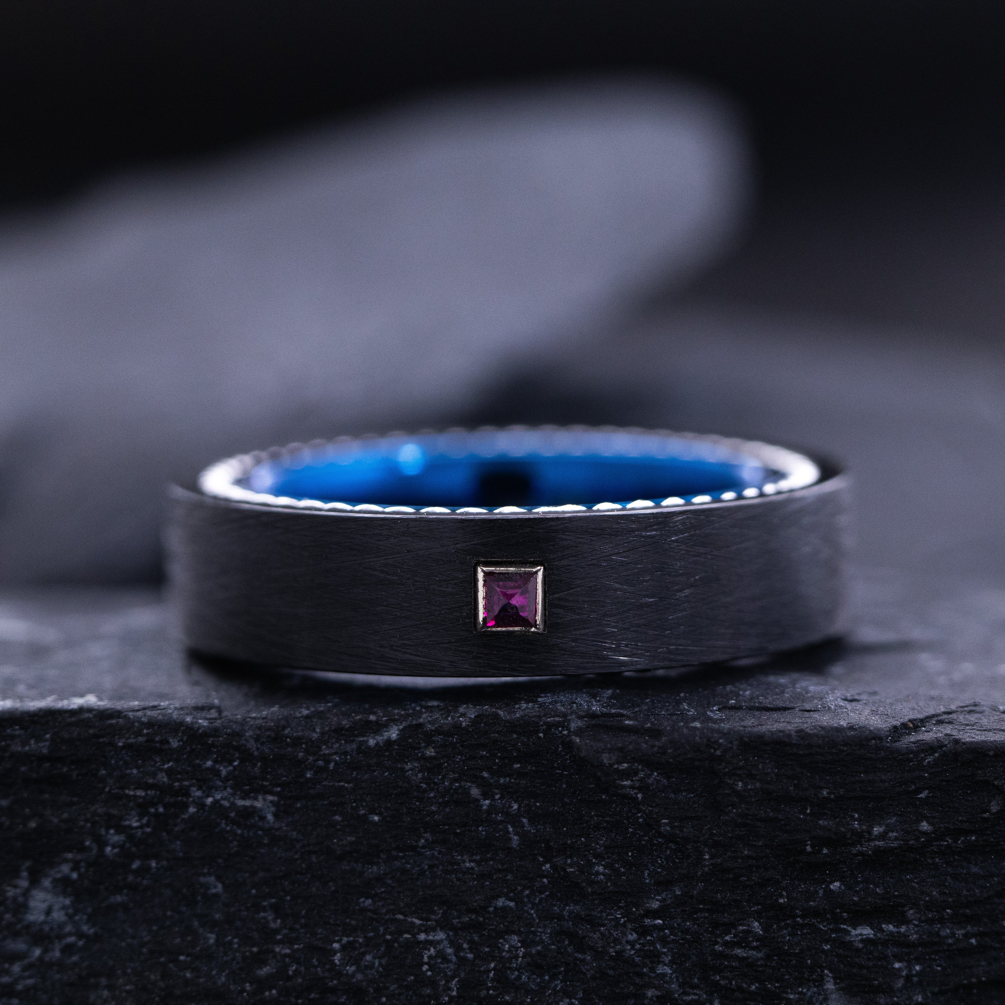 6mm Flat Blue and Black Tungsten Carbide Ring with Birthstone and Rope Edges