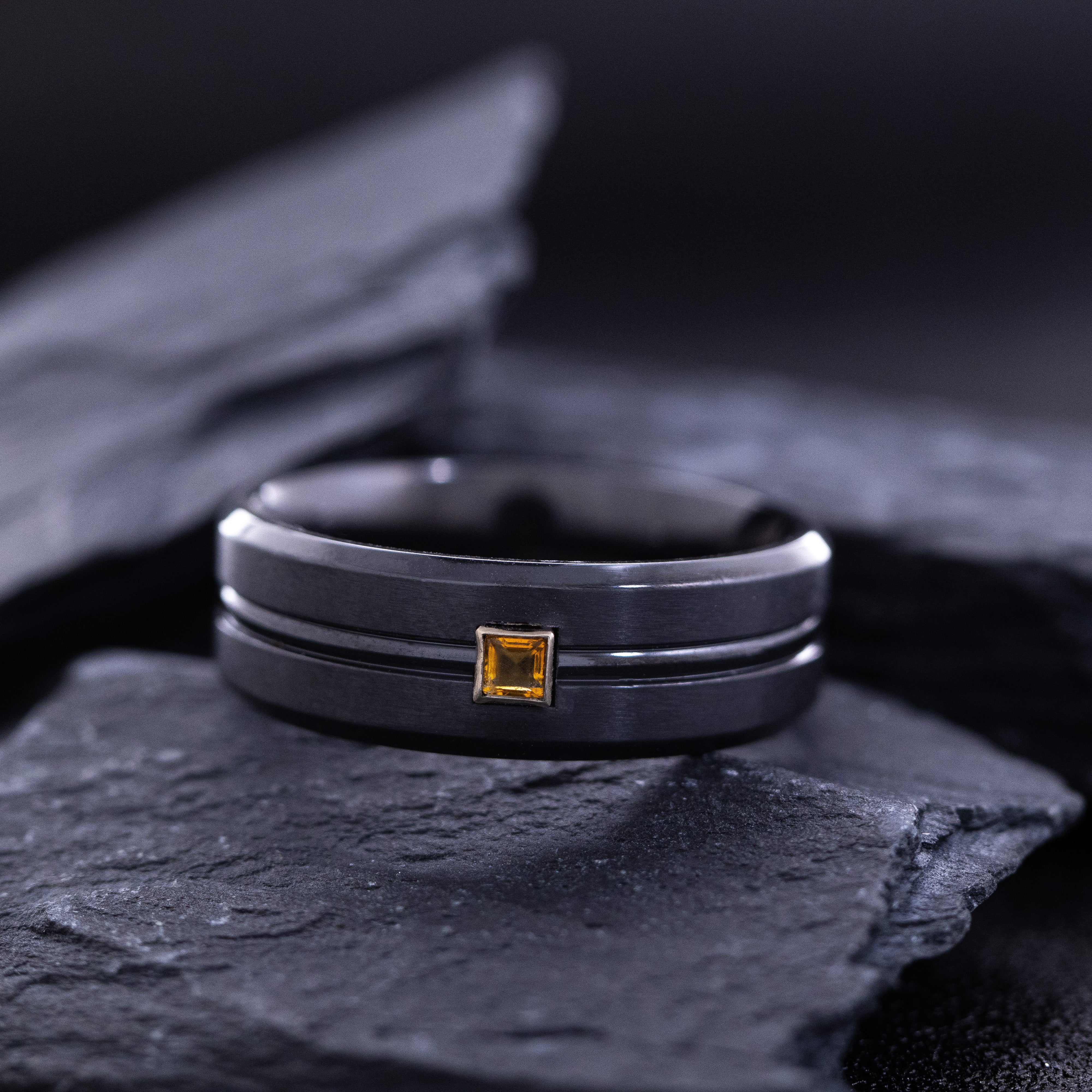 8mm Black Zirconium Ring with Princess Cut Gemstone and Groove