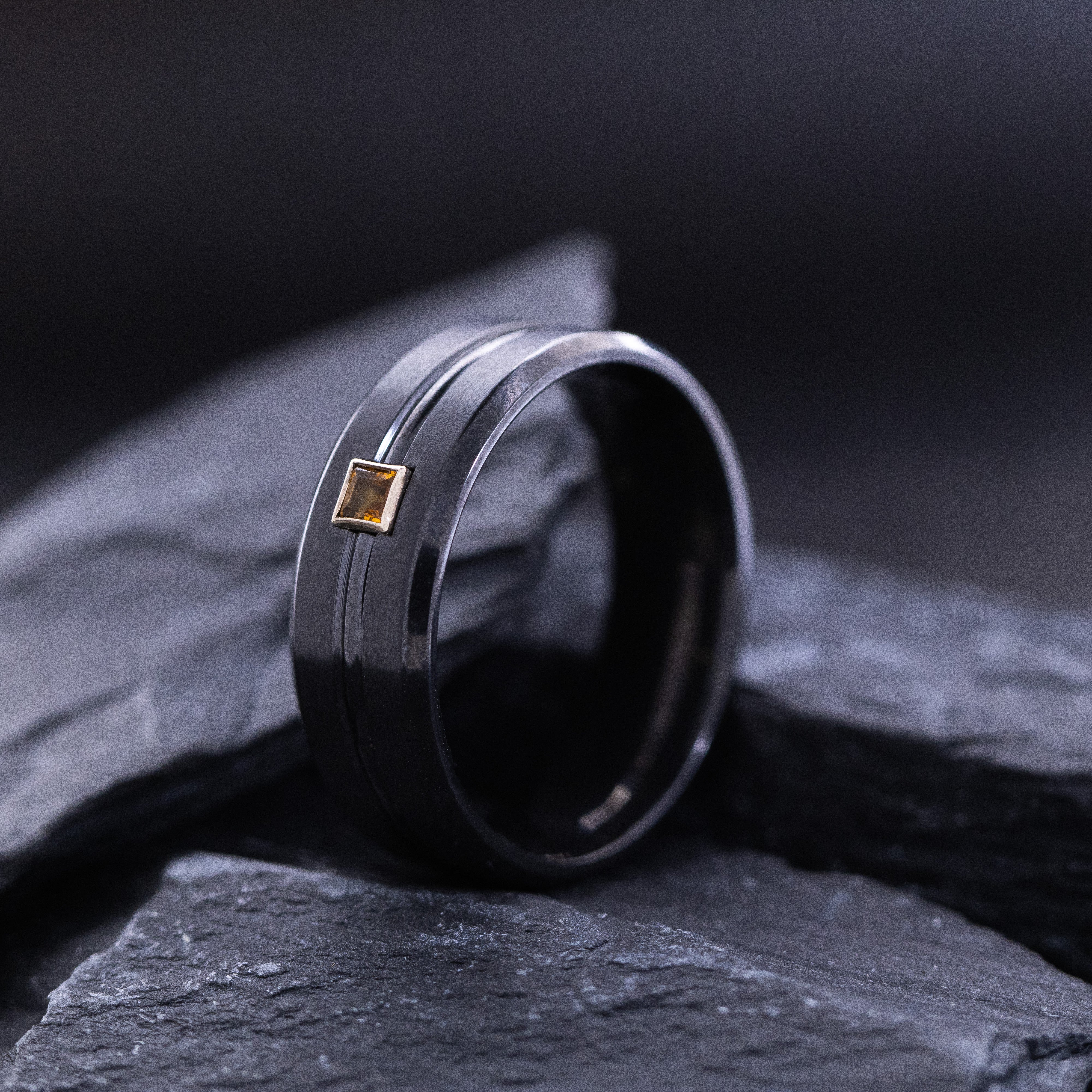 8mm Black Zirconium Ring with Princess Cut Gemstone and Groove