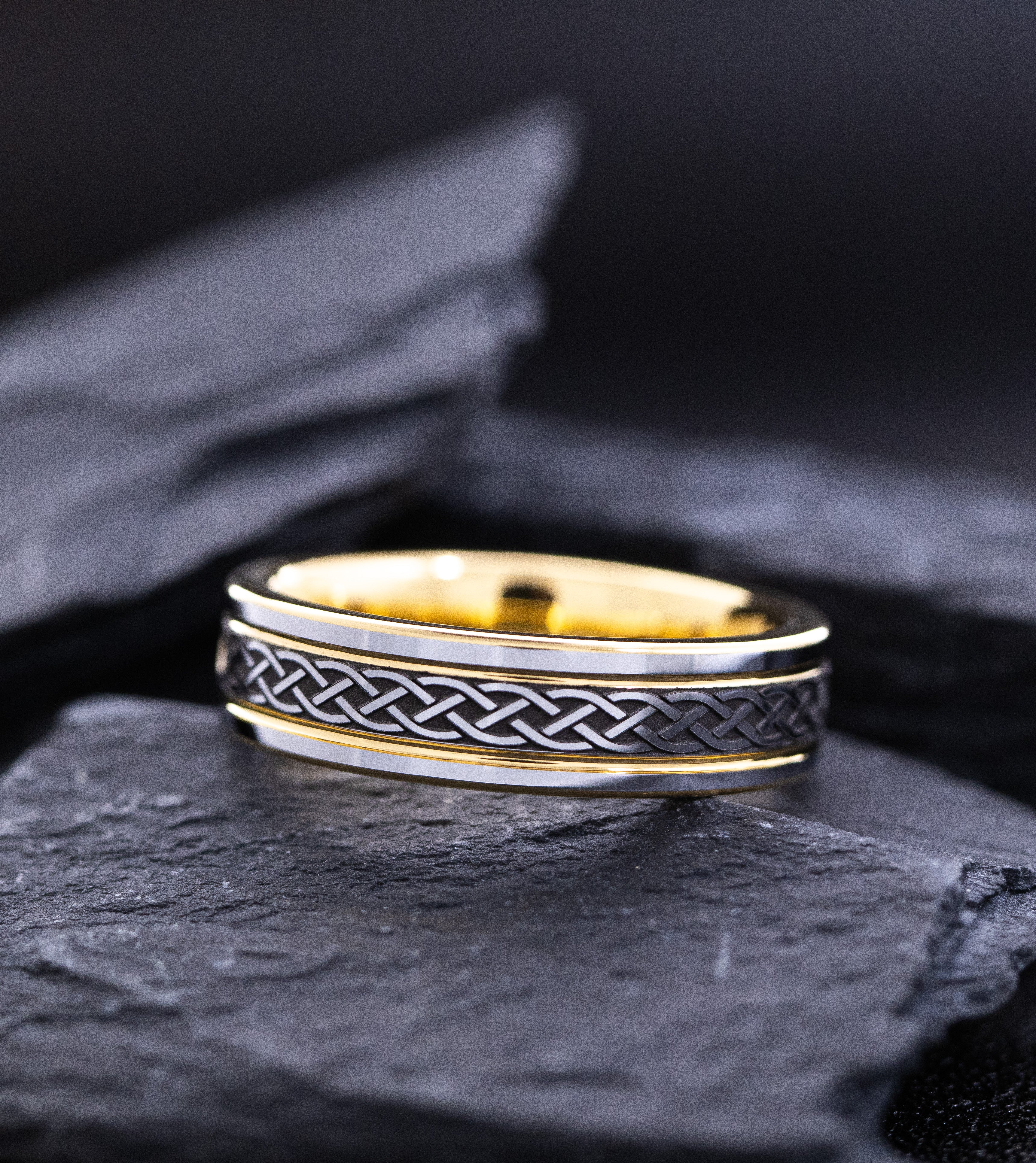 Yellow Gold Plated 6mm Tungsten Carbide Ring With Round Cut Gemstone and Celtic Knot Engraving