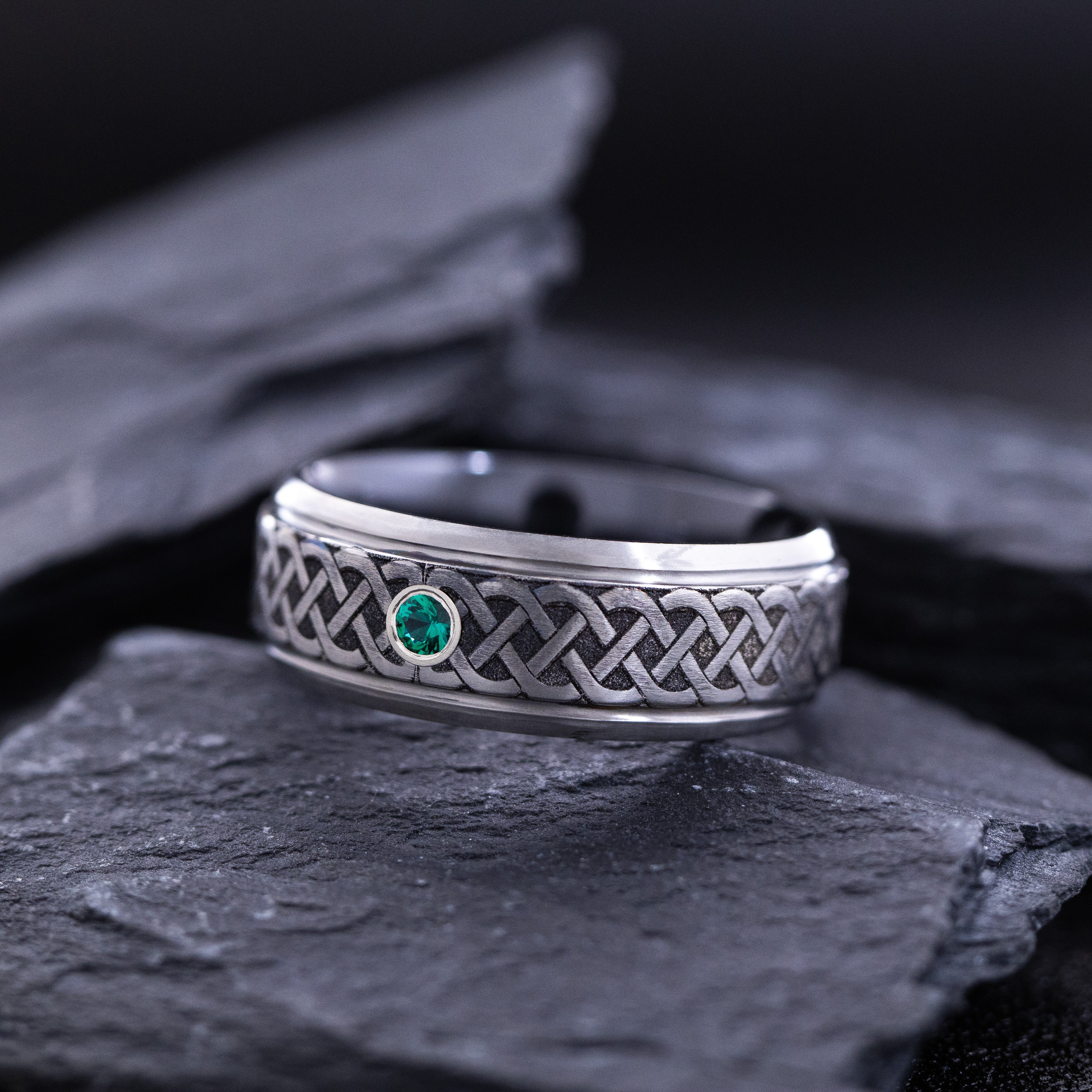 8mm Black Zirconium Ring with Round Cut Birthstone and Deep Engraved Silver Celtic Knotwork