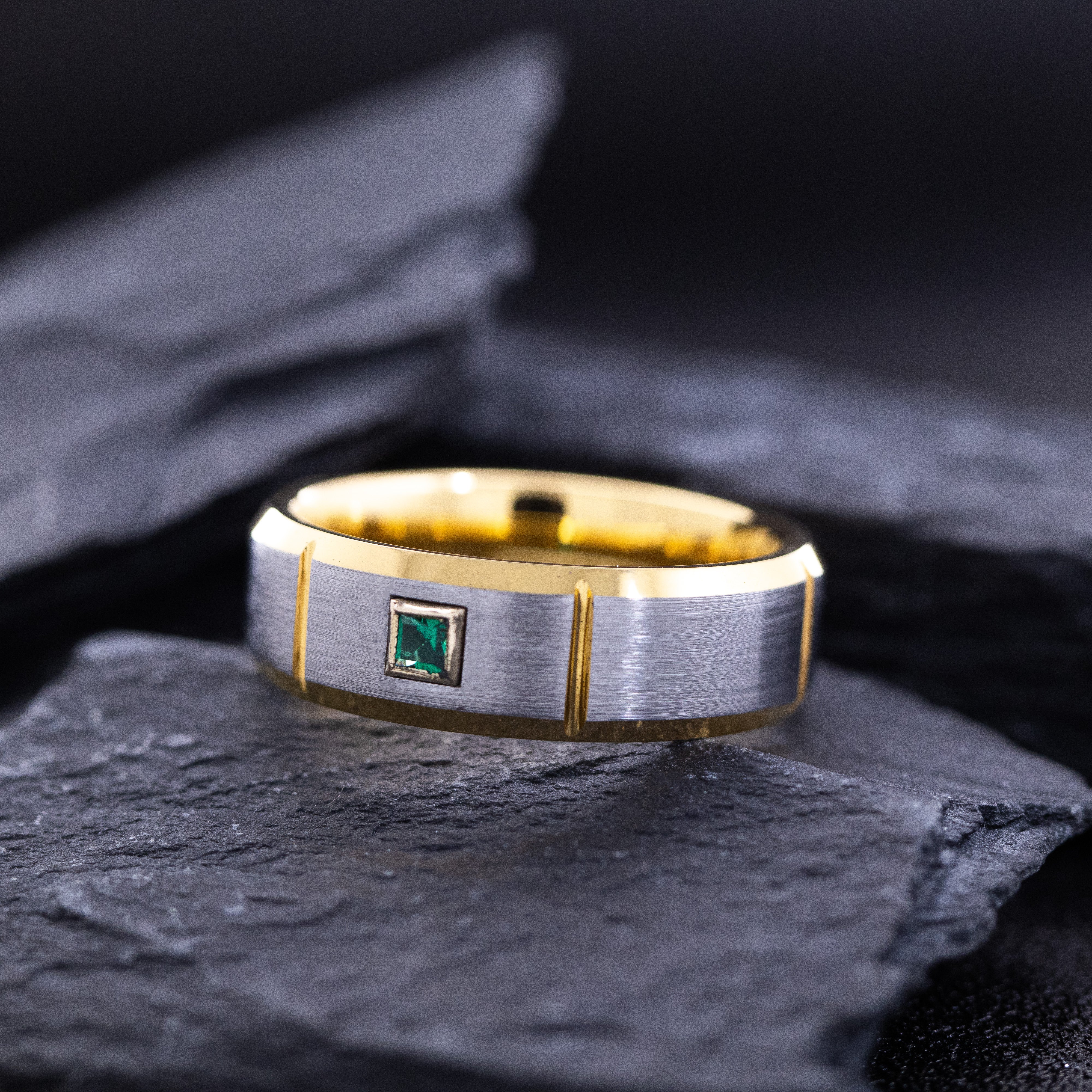 8mm Yellow Gold Plated and Notched Tungsten Carbide with Princess Cut Gemstone